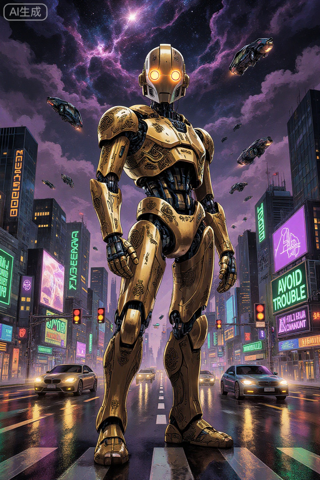 A badass digital illustration in a cyberpunk style presents a towering, golden - bronze humanoid robot standing at the crossroads of a neon - drenched cyber - thoroughfare. The robot, clad in an ornate, metallic armor, exudes an air of regality and might. Its head is helmet - like, with a pair of glowing, yellow - orange eyes that seem to pierce through the chaos. In the background, a flurry of neon - lit buildings, traffic lights, and moving billboards screams the city's high - tech, fast - paced dystopia. Signs flash messages like "KEEP MOVING" in green and "AVOID TROUBLE" in purple, adding to the thoroughfare's tense, dynamic atmosphere. The sky is a deep, amethyst purple, filled with swirling, nebula - like clouds and a fleet of flying, luxury - style vehicles, enhancing the futuristic and opulent feel. The color scheme combines warm golds and bronzes with cool purples and greens, creating a harmonious yet contrasting effect that makes the robot and the thoroughfare pop. The whole scene is filled with intricate details, from the robot's armor engravings to the reflections on the wet road, making it a visually captivating and immersive piece.