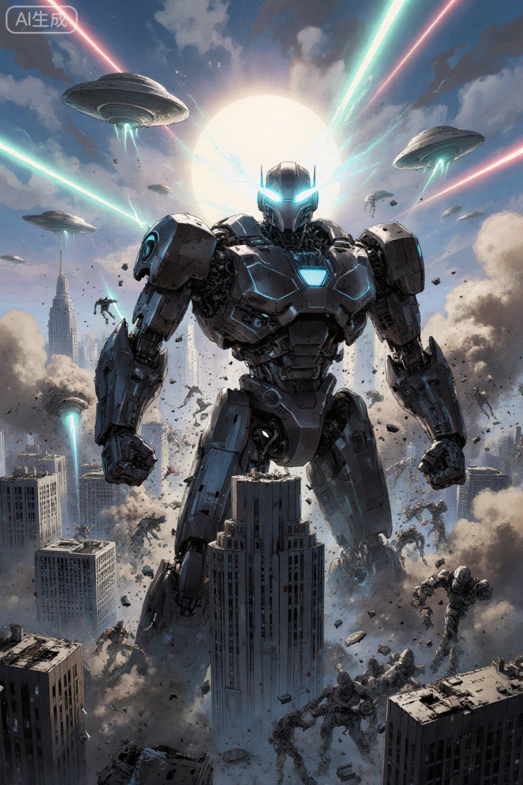 An epic digital illustration featuring a giant robot with a body made of obsidian and eyes that emit a beam of pure energy,standing atop a crumbling skyscraper in the foreground,while looking down at a city besieged by alien invaders. The robot’s fists clench with determination,and its surroundings are filled with debris,smoke,and the sounds of battle. The background is a sky filled with flying saucers,laser beams,and a sun that is blotted out by the chaos of war. The style is heroic and intense,invoking a sense of courage and sacrifice.,