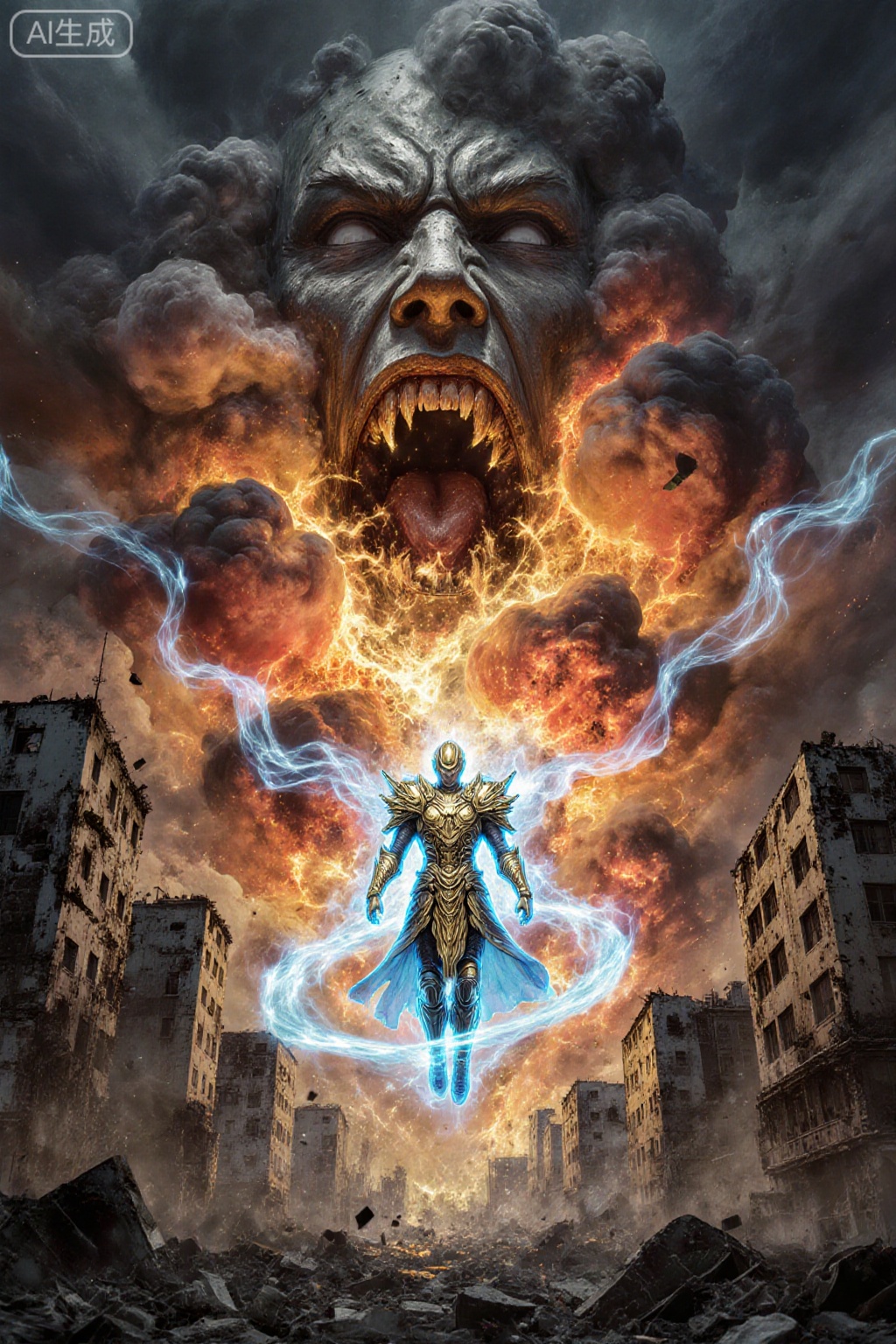 The combined image creates a striking visual narrative,where a powerful figure,glowing with ethereal energy,stands in the heart of a post-apocalyptic cityscape. The figure,armored in golden,intricately designed armor,floats in mid-air with wisps of glowing blue energy encircling their body. Their presence commands the scene as if they're summoning the forces of destruction. In the background,an ominous,enormous face emerges from the skies,engulfed in vibrant,fiery clouds. Its open mouth seems to be emitting the chaos,as the firestorms roar through the buildings below,threatening to consume the entire city. The figure's divine power seems to clash against the overwhelming fury of the destructive face,creating a dramatic battle of cosmic and elemental forces. This surreal and intense imagery portrays a clash between divinity and destruction,where the power to protect and the force to annihilate collide under the storm-filled sky.,
