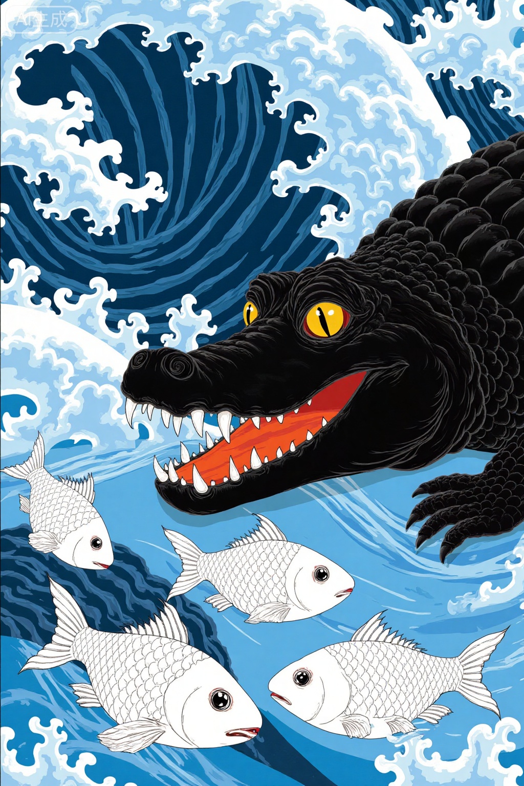 a large, black crocodile with sharp, visible teeth and an open mouth, positioned to the right. The crocodile has yellow eyes with black pupils and textured, scaly skin. Its head is angled towards the left. In the foreground, three white fish with detailed scales swim towards the bottom left. The background features dynamic, blue waves with white foam and wave patterns, creating a sense of movement. The crocodile's mouth is partially open, revealing its sharp, triangular teeth and orange inner mouth. The waves have varying shades of blue, with darker and lighter shades creating depth and texture. The fish are positioned in the lower left and middle of the image, moving towards the crocodile. The crocodile's eyes are directed towards the left, where the fish are located. 