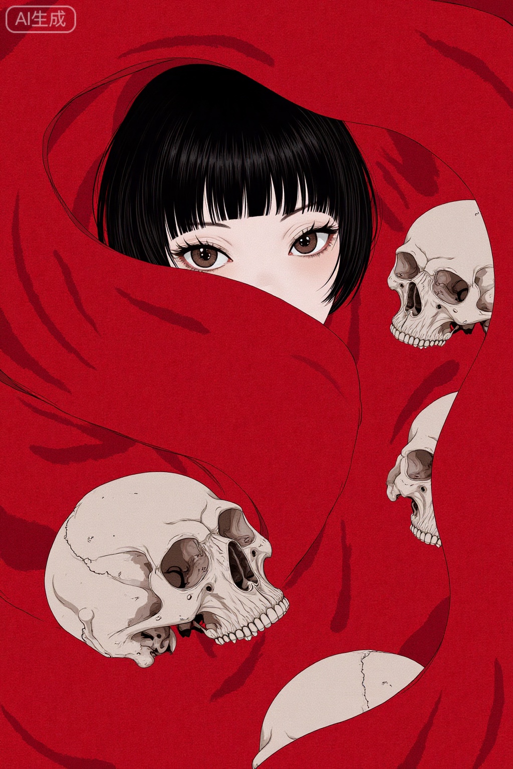 a digital anime-style illustration,MYUkiyoe,MYchaos,MTLH,MYchaos,MYchaos,A surreal fantastical elements.,A surreal illustration featuring a woman with striking eyes and dark hair,partially obscured by flowing red fabric that drapes around her neck; she is surrounded by an array of skulls.,