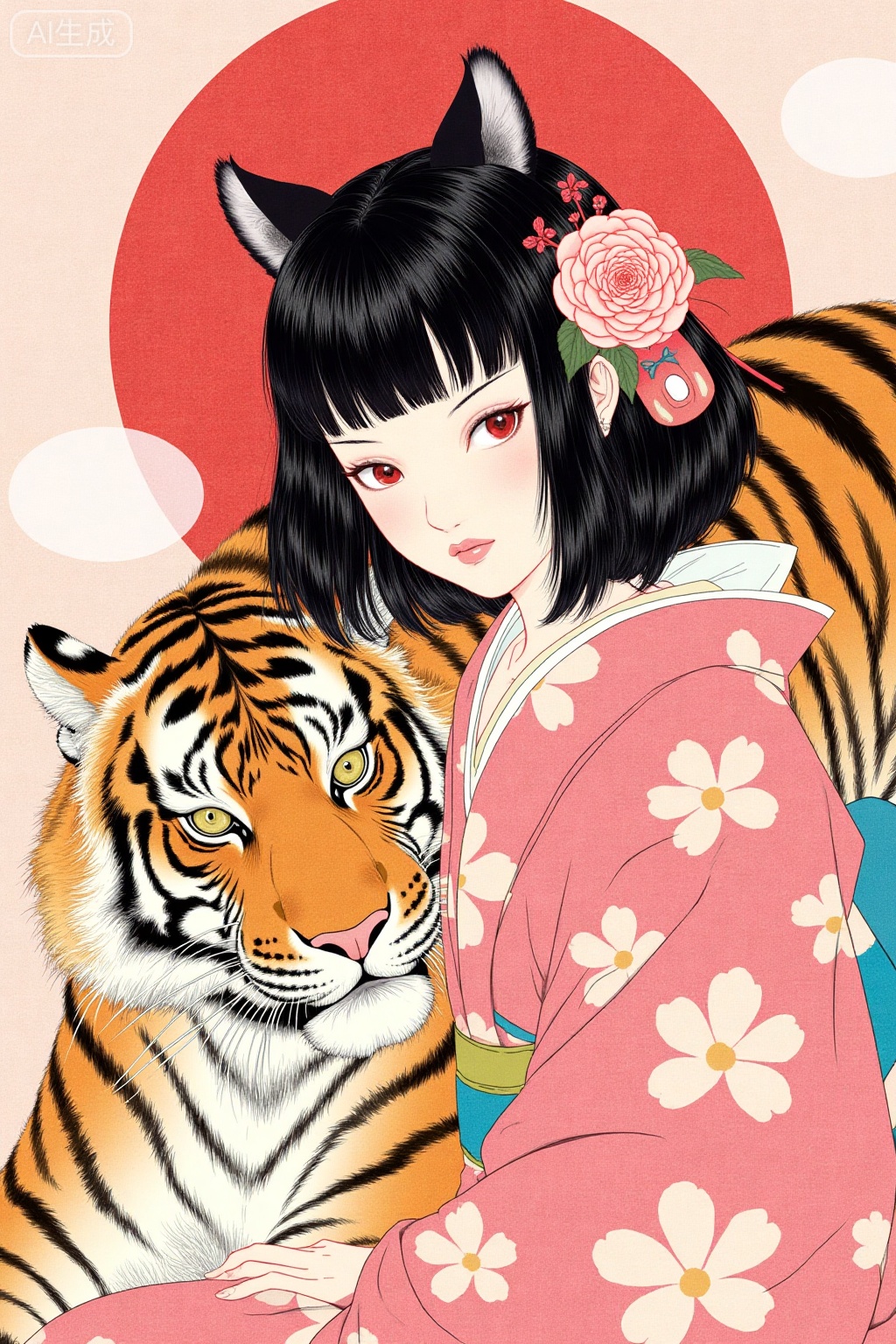 apanese Ukiyo-e style,1girl, animal ears, red eyes, hair ornament, solo, tiger, black hair, fine art parody, hair flower, looking at viewer, flower, lips, cat ears, riding