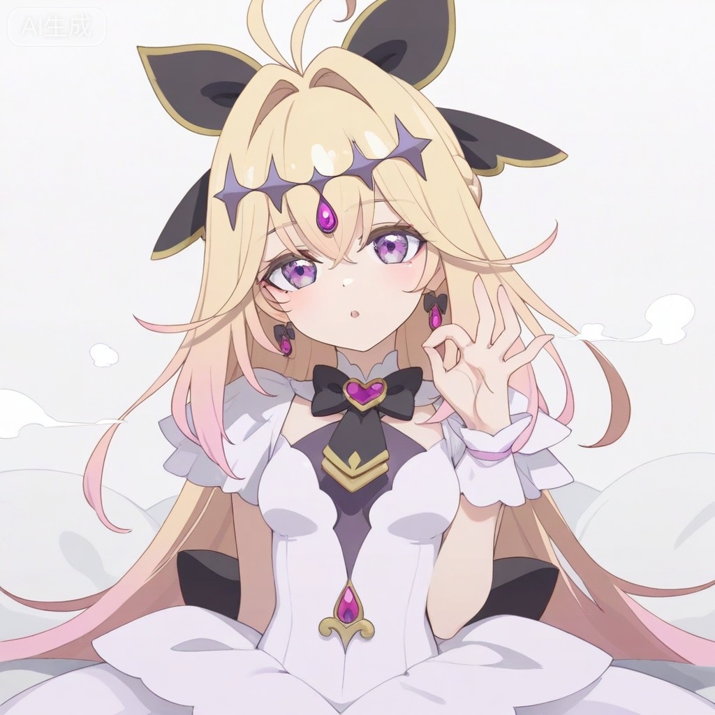 (artist:mika_pikazo:0.5),(artist:ningen_mame:0.8),(artist:ciloranko:0.5), (artist:ogipote:0.5),(artist:tianliang_duohe_fangdongye:0.7),(artist:wlop:0.9),(artist:jyt:0.9), minimalism,tidy,indoor,on bed,solo,steam,:o, 1girl, moria luluka,magical girl,ahoge,antenna hair,long hair,two-tone hair,purple eyes,blonde hair,multicolored hair,gradient hair,hair intakes,black bow,black bowtie,heart brooch,hair ribbon,hair ornament,hair bow,diamond hairband,jewelry, solo,medium_breasts, looking at viewer, ok sign, white background, upper body, simple background, blush,