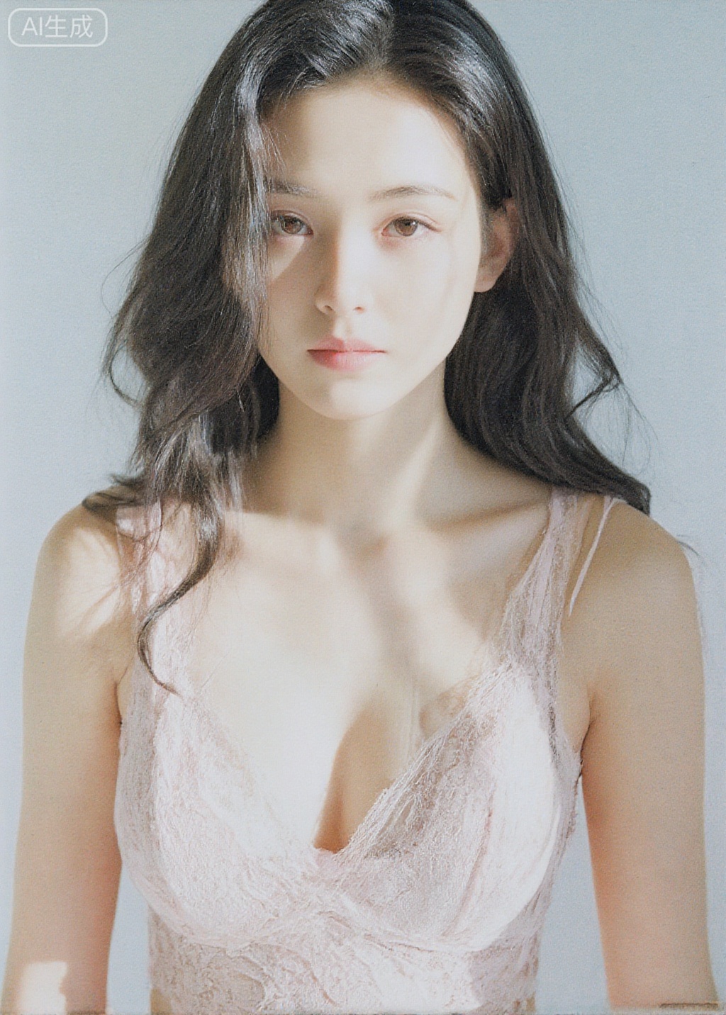 This is a high-quality photograph of a young Asian woman with a light olive complexion, captured from the chest up against a plain white background. She has long, wavy, dark brown hair that cascades around her shoulders, with a few strands softly falling across her face. Her facial features are delicate and symmetrical, with almond-shaped brown eyes, a straight nose, and full, slightly parted lips. She is wearing a light pink, lace-trimmed spaghetti strap top that gently hugs her slender frame. The lace pattern on the top is intricate, with floral and swirling designs that add a touch of elegance and femininity. The sunlight casts soft, dappled shadows across her face and chest, highlighting her smooth skin and creating a natural, warm glow. Her expression is neutral, with a slight, almost contemplative look in her eyes. The photograph has a natural, minimalist style, focusing on the subject's beauty and the delicate textures of her clothing and skin. The overall composition is simple yet intimate, drawing attention to the subject's serene and gentle presence. The image conveys a sense of calm and natural beauty, with an emphasis on the delicate interplay of light and shadow.