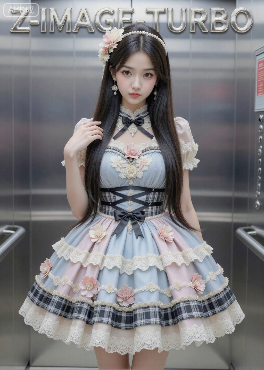 Extremely clear, cinematic quality. Image style: Utilizing high highlights and pure whites to create a visual focus, and leveraging contrasting light and shadow details to maximize emotional tension, ultimately achieving a "strong, sharp, and layered" visual impact. Image content: Long, straight black hair, large brown eyes, real photo, authentic, master-level image quality, top quality, high quality, black hair, long, slender legs, one girl, just a casual snapshot. The photo, slightly blurred, showcases a wild beauty: delicate features, a slender face, large eyes, a high nose bridge, cherry lips, a pointed chin, a slender model figure, and long, flowing black hair. It exudes a high level of beauty, ethereal and graceful, naturally fresh, like under the moonlight. The hair accessories and earrings add a touch of vulnerability, a hint of happiness. High scores and likes are highly recommended. The photo has a strong visual impact, a slightly tired, dependent look, a gentle touch on the shoulder, chest, a reluctant appearance, and long hair cascading down to cover the face and chest. The wearer is dressed, slender yet confident. The photo is in 8K ultra-high definition, a front-facing shot, a mirror, and an elevator. The high-necked dress features a main color scheme of light blue, light pink, and beige, with a multi-layered and complex design. The dress is adorned with three-dimensional flowers and lace, and patchwork black and white checkered fabric. The waist is decorated with black crisscrossing straps and a bow. The dress is richly layered, showcasing a luxurious and exquisite feel. Accessories include a headpiece adorned with pearls and flowers, echoing the style of the dress. The overall design exudes the luxury and dreamlike atmosphere of Lolita fashion. The text "Z-IMAGE-TURBO" is displayed at the top of the background with a silver, stainless steel effect.