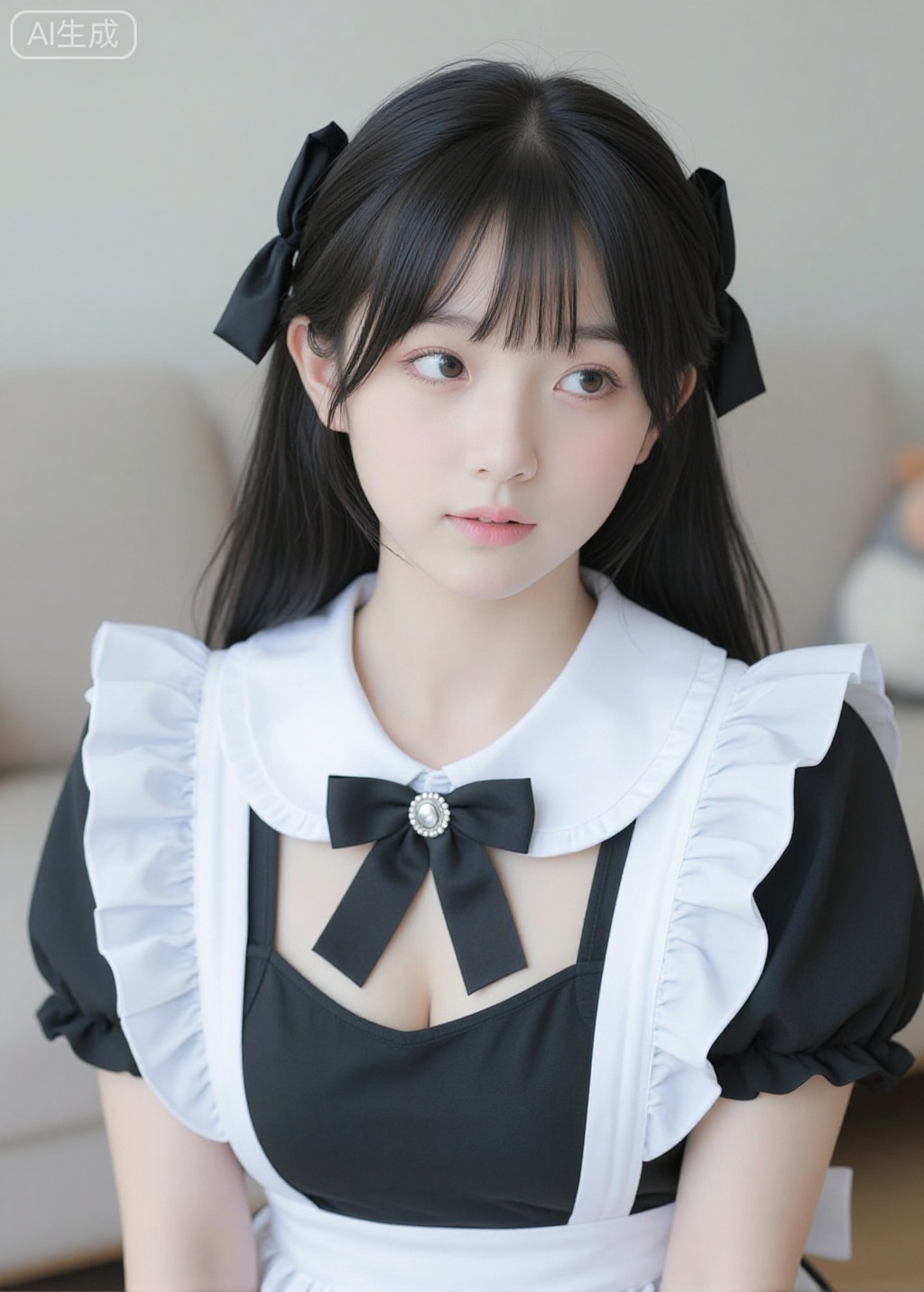 A young Asian woman, likely in her early twenties, is the central subject of the image. She is fair-skinned with black hair styled in low pigtails, adorned with large black bows. She has delicate facial features, including dark eyes and a soft expression, appearing to gaze gently upwards and slightly away from the camera. She wears a classic black and white maid outfit, including a frilly white collar with a black bow and jewel embellishment at the center. The dress has a low neckline. The setting appears to be an interior space, with a neutral-toned, soft background including a sofa and what appears to be stuffed animals, suggesting a domestic setting. The composition is a close-up shot, focusing on her upper body. Lighting is soft and diffused, creating a generally bright and clean atmosphere. The overall style suggests a cute and possibly playful aesthetic.