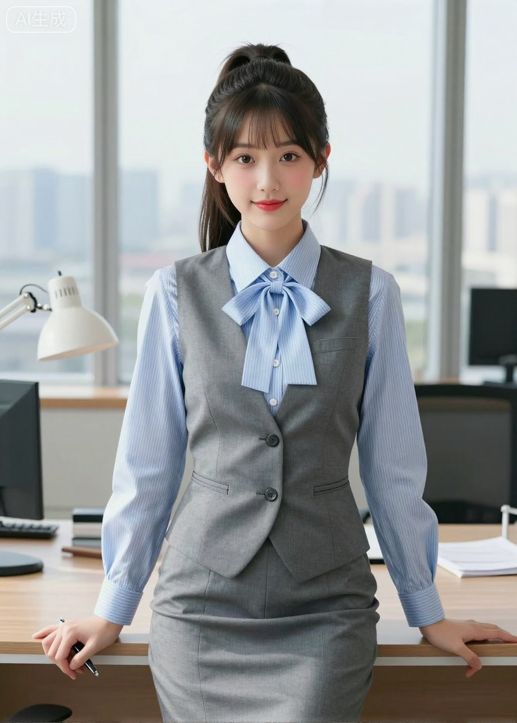 A young Asian woman, likely in her early to mid-twenties, stands slightly to the left of the image's center, facing the viewer with a slight smile. She has long, dark hair styled in a high ponytail with bangs. She is wearing a light blue and white striped button-down shirt with a large bow at the neck, a grey vest, and a matching grey skirt, creating a professional business attire ensemble. She holds a pen in her right hand. Her facial features include large eyes, rosy cheeks, and red lipstick. Her build is slender. She is leaning on a wooden desk. The background suggests an office environment, with a window offering a cityscape view and a desk lamp on the left. The lighting is bright and natural, casting soft shadows. The composition is well-balanced, emphasizing the subject's poised posture and professional image. The atmosphere is clean and modern, suggesting a setting of work.