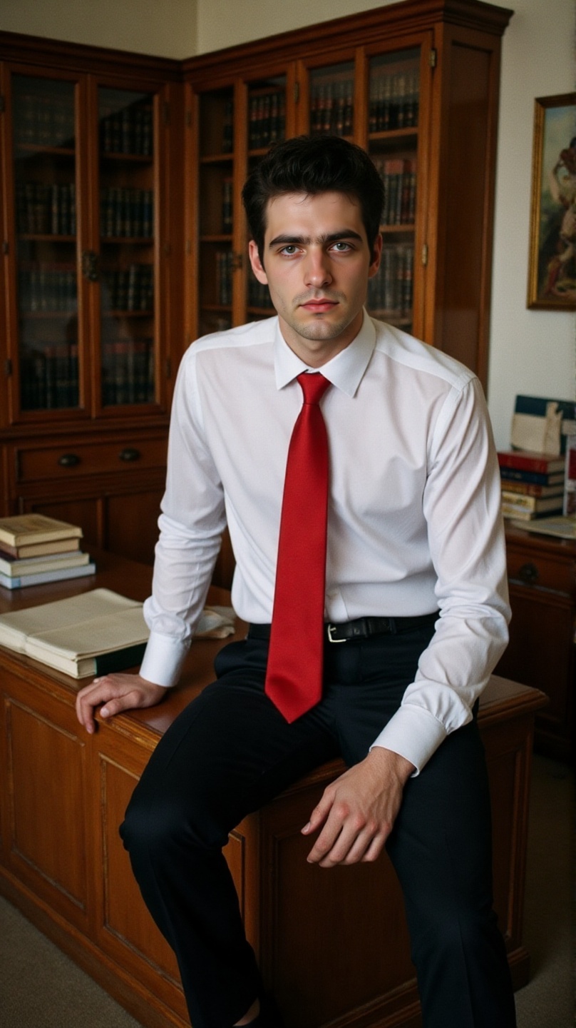 A cinematic,  editorial-style portrait of a sharply dressed thin young man in a modern library setting. Captured in a half...