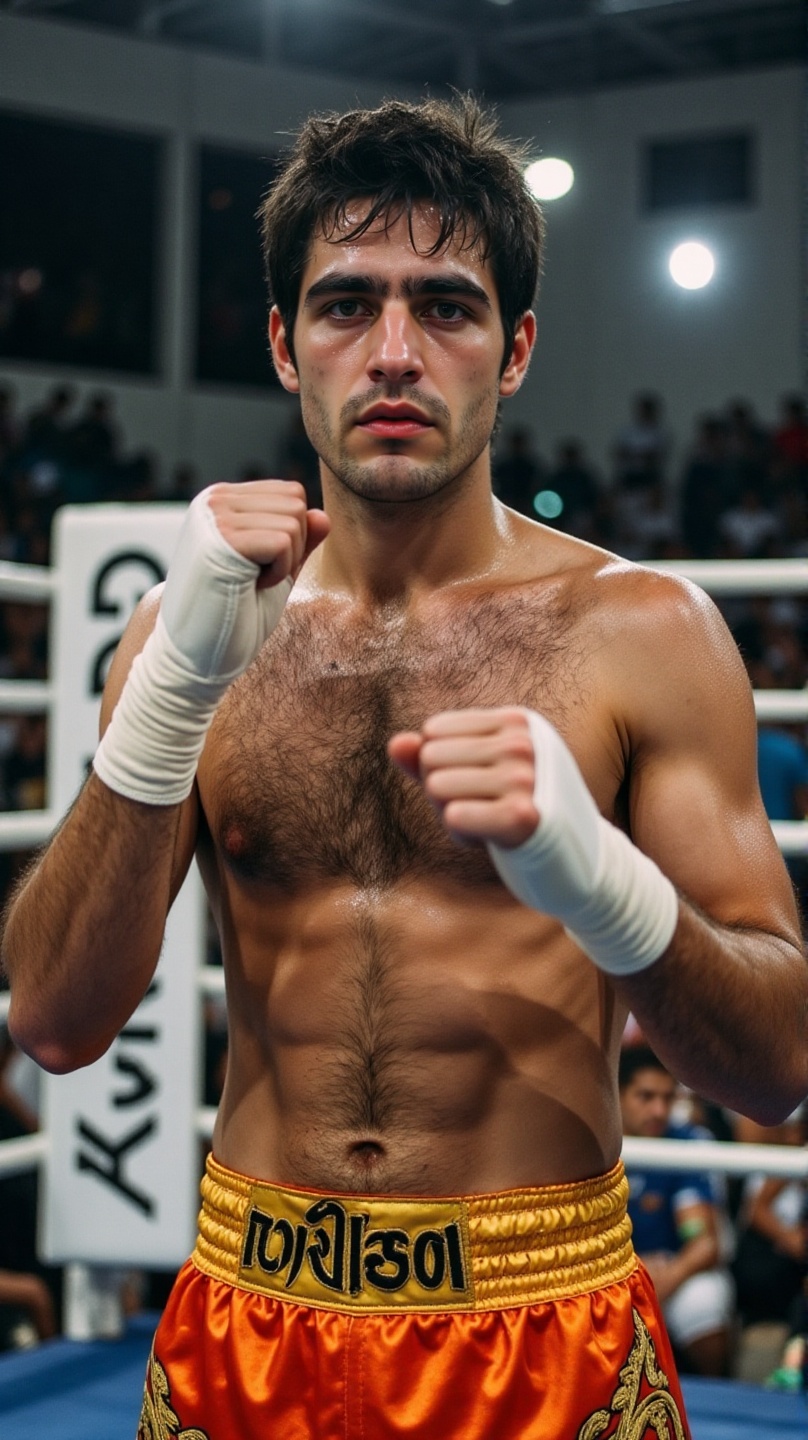 A male Muay Thai fighter with dark,  unkempt hair and prominent eyebrows stands centrally in an indoor arena. He has a hai...