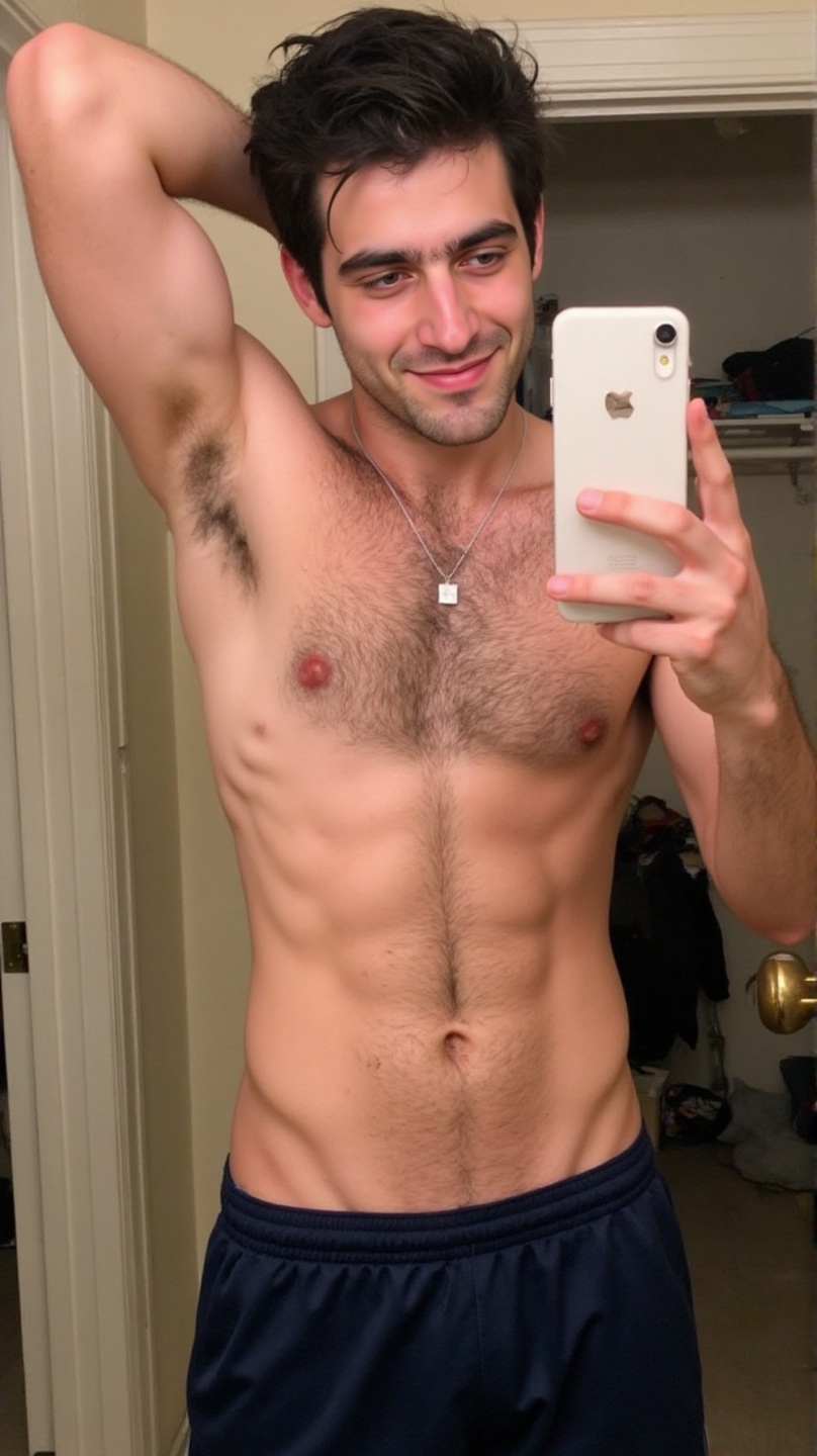 A shirtless young man with dark,  messy hair and a light beard takes a mirror selfie in a casual indoor setting. He has an...