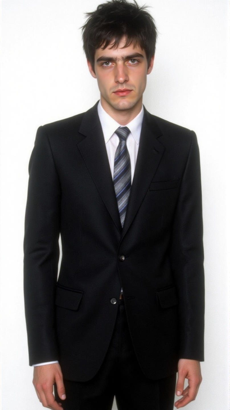 A 1990s high-fashion editorial photograph of a young caucasian man in a stark white background,  styled in Raf Simons clot...