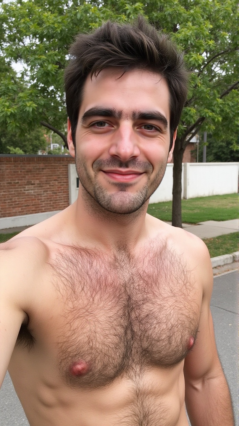 The image shows a selfie of a hairy shirtless man standing outdoors. He has a muscular build,  covered in thick body hair...