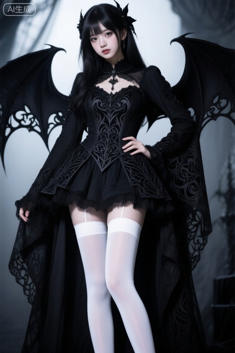 身着哥特风服饰的黑魔法女孩,服饰细节精致,带有神秘的暗纹和独特的剪裁,展现出浓郁的哥特风格魅力,白色长筒丝袜,