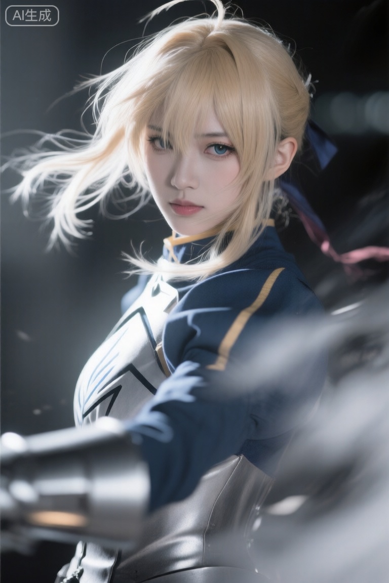 High-resolution film photography,Aesthetics art,JKC photography,真人摄影,一位cos《fatestay night》中saber的绝世美人,有着黄金比例且英气立体的五官,耳边有两缕随风飘舞的碎发,呈现出奋战的状态,展现出凌厉、神性、清冷、决绝的气质,胶片摄影风格,艺术摄影用途,独特视角镜头,情绪氛围感拉满、朦胧美学、层次感氛围,对焦模糊、灰色强侧光、高饱和但低明度、高曝、过曝、暗调、伦勃朗光、强烈明暗对比、高反差、肌理质感、胶片颗粒感、慢快门、西式梦核、大师构图特点,获奖作品水准,凌乱发丝在动态模糊中狂舞,暗朦调、隐约的淡彩褪色、泛朦、对焦模糊,复古、迷离、低饱和、冷光源、质感、泛光模糊晕染、高噪点、胶片颗粒质感、极简风、灰度美学、写意、前卫视觉艺术美学、高级感,超现实肖像摄影风格,艺术特写用途,神秘魅惑氛围,使用50mm标准镜头且透视畸变校正,多重曝光融合的模糊肖像画面,有抽象色块与暗淡光斑交织,超广角透视拉伸空间,强烈胶片颗粒覆盖高噪点画面,扩散模糊渲染失控光轨,朦胧雾霭包裹荧光色溢流,焦平面分裂技术制造景深错位,菲涅尔光学算法模拟多重折射,8K扫描仪记录银盐结晶纹路,数字胶片引擎调控青橙色调分离,8K画质