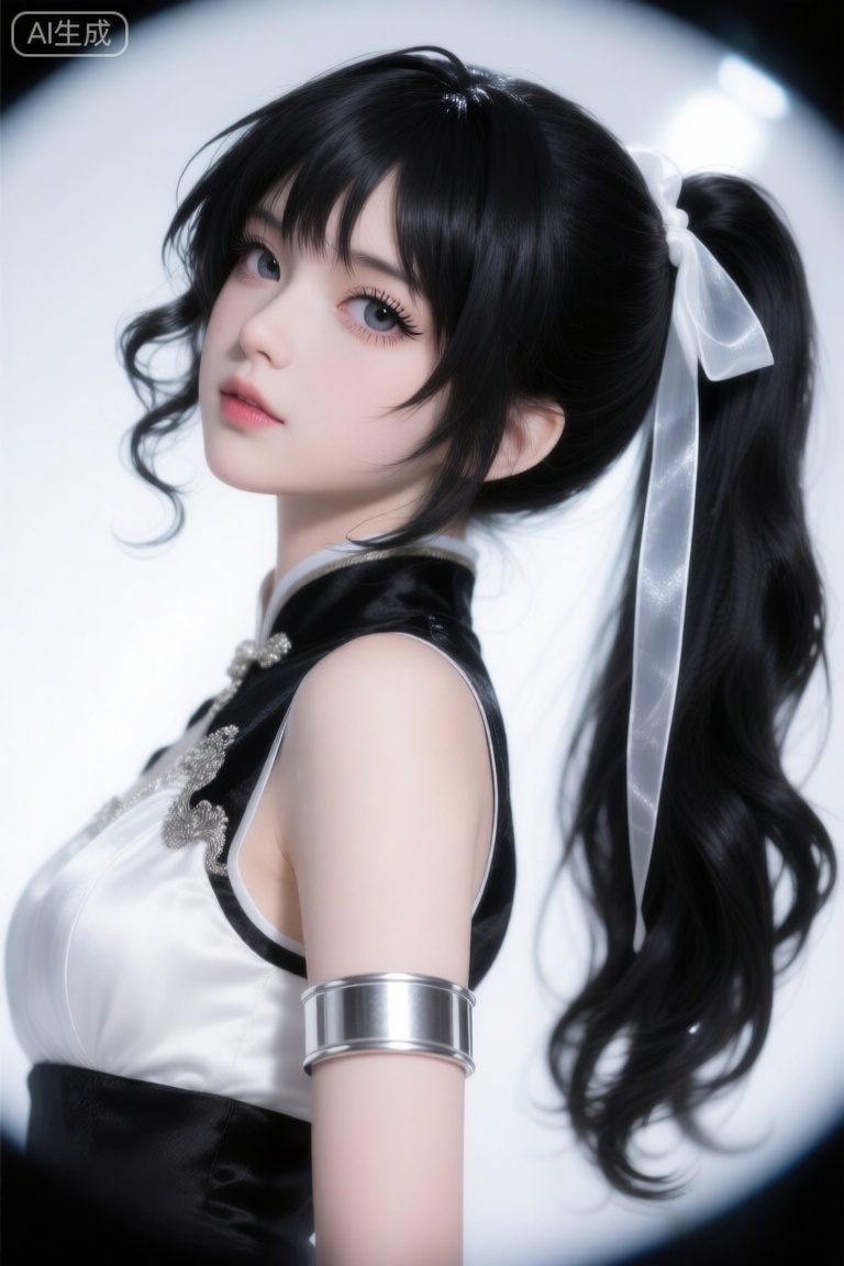 摩卡少女樱真人拍摄,,一位痞帅不羁的姑娘,极黑的长头发,漂亮的美人尖,,额前的些许碎发是微波浪卷,气质痞气,头发高高的用一条白色透明丝带扎着一条高马尾,面容痞气清冷,身穿华丽贵气矜贵的白色掺着一点黑色的华贵华衣,手腕上戴着一个银色的圆形圈状的手环, **构图与姿态：** 极致面部眼部特写, 中心构图, 低角度仰拍, (鱼眼镜头畸变:1.1)营造张力, 侧眸凝视镜头, (天真水润星眸:1.3), (微启朱唇:1.1), (根根分明睫毛:1.1), (光影勾勒飘动发丝:1.1), 聚焦面部情绪与肌理, **光影与情绪：** 专业影棚布光, 戏剧性明暗对比, 柔美焦外光斑, 空气感光束, (空灵梦幻意境:1.2), 情感共鸣, 纯净, 优雅, 静谧中透脆弱感, **渲染与风格：** 超写实皮肤渲染, (湿发丝级细节:1.2), 织物垂坠质感, 精准曝光保留高光阴影, (BJD娃娃般精致+真实肤质:1.2), 简约构图融合复杂细节, CG厚涂风格, 高级渲染, 锐利聚焦, 清晰线条, 3D渲染, (隐约油画肌理:0.3), 国漫COS美学影响。