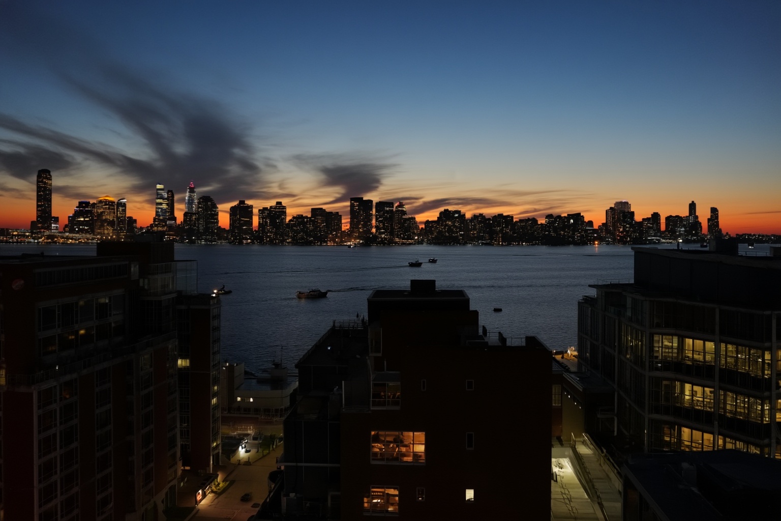 at twilight,  the city skyline glows against a gradient sky transitioning from deep blue to warm orange near the horizon,...