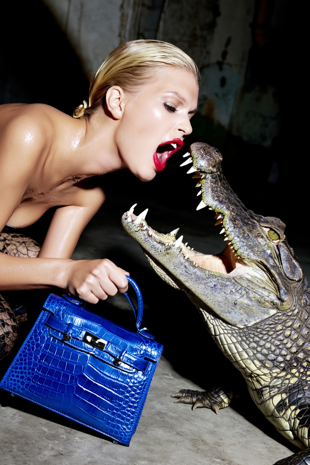 A provocative and surreal high-fashion editorial shot of a blonde woman with glowing,  damp-looking skin and bright red li...