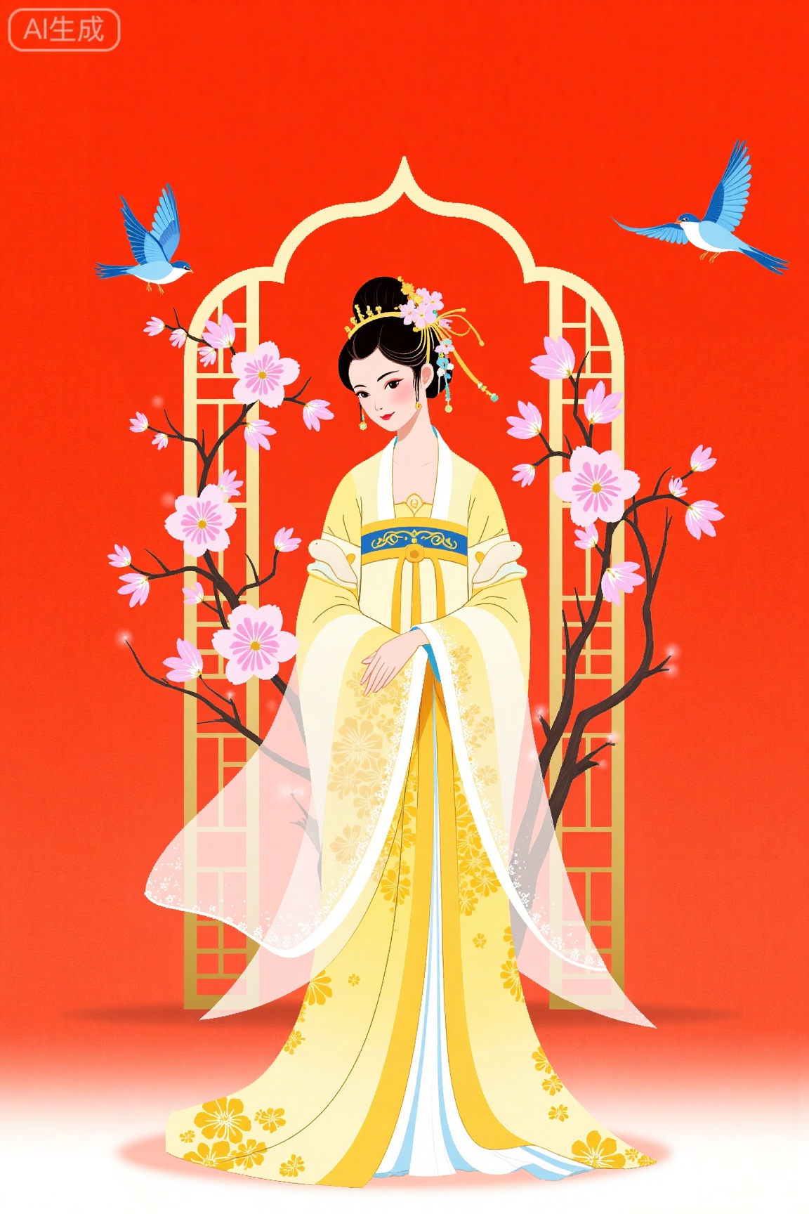 an illustration,The image is an illustration of a Chinese woman in a traditional dress
She is standing in front of a red background with a golden archway in the center
The archway is decorated with pink cherry blossom flowers and there are two blue birds flying around her
The woman is wearing a long, flowing yellow dress with intricate patterns and designs
She has a crown on her head and her hair is styled in a bun
The overall style of the illustration is elegant and traditional.