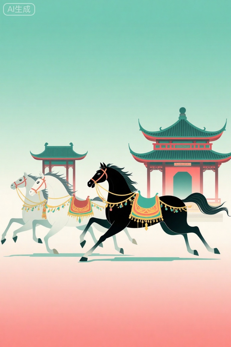 A digital illustration in a traditional East Asian style depicts a black horse adorned with ornate golden saddle and bridle,galloping towards a traditional pagoda with red and green accents. The background features a gradient sky transitioning from teal to pink. Two white horses follow,with flowing manes and tails. The scene exudes a sense of motion and elegance,