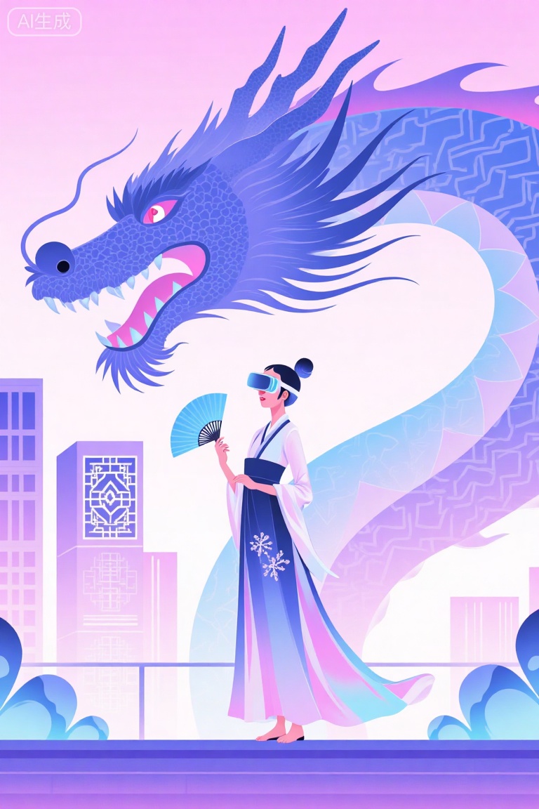 an illustration,The image is an illustration of a woman wearing a traditional Chinese dress and a pair of virtual reality (VR) goggles
She is holding a blue fan in her hand and is standing in front of a cityscape with buildings and skyscrapers
The background is a gradient of pink and purple, with a large blue dragon in the center
The dragon is intricately detailed with scales and wings, and its mouth is open as if it is roaring
The woman's hair is tied up in a bun and she has a peaceful expression on her face
The overall mood of the image is surreal and dreamlike.