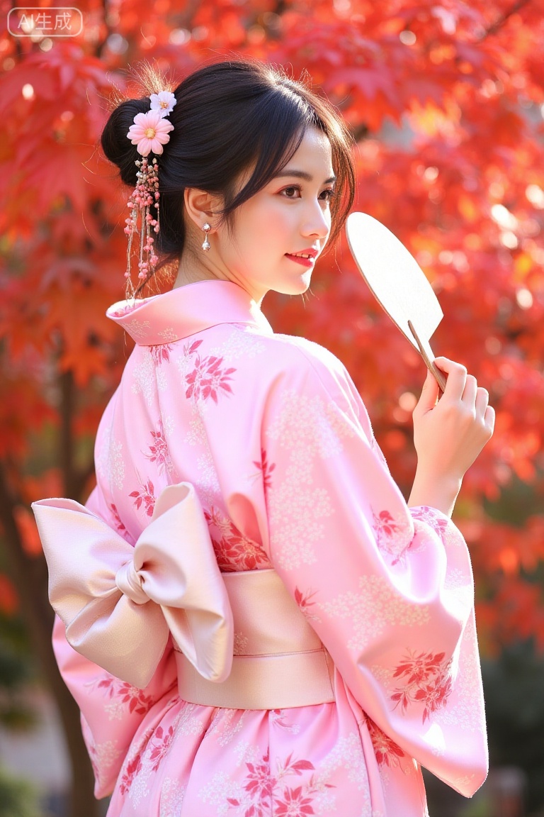sheying,A vibrant photograph of an Asian woman in a pink floral kimono,holding a fan,standing against a backdrop of red autumn leaves. She has a delicate,serene expression,dark hair styled in an updo with a floral accessory. The kimono features intricate patterns and a large bow at the back,cuteness,