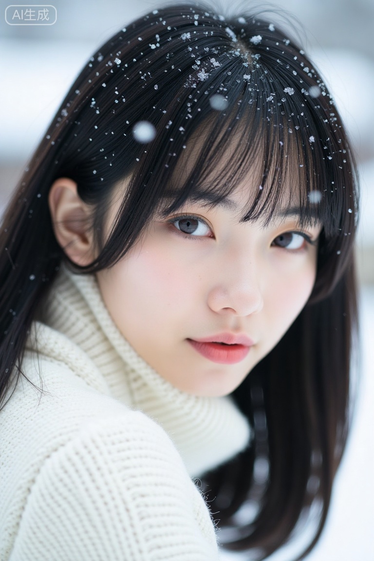 sheying,A photograph of an Asian woman with straight,shoulder-length black hair and bangs,wearing a cream-colored knitted sweater. She has fair skin and is looking directly at the camera with a neutral expression. Snowflakes are falling on her hair and face,indicating a snowy outdoor setting. The background is blurred,emphasizing her face,