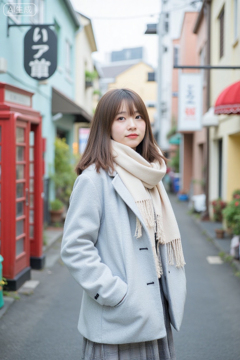 sheying,A photograph of a young Asian woman with straight,shoulder-length brown hair,wearing a light grey coat,beige scarf,and plaid skirt,standing on a narrow,urban street. She gazes thoughtfully into the distance. The background features pastel-colored buildings,a vintage red telephone booth,and a hanging sign with Japanese characters,