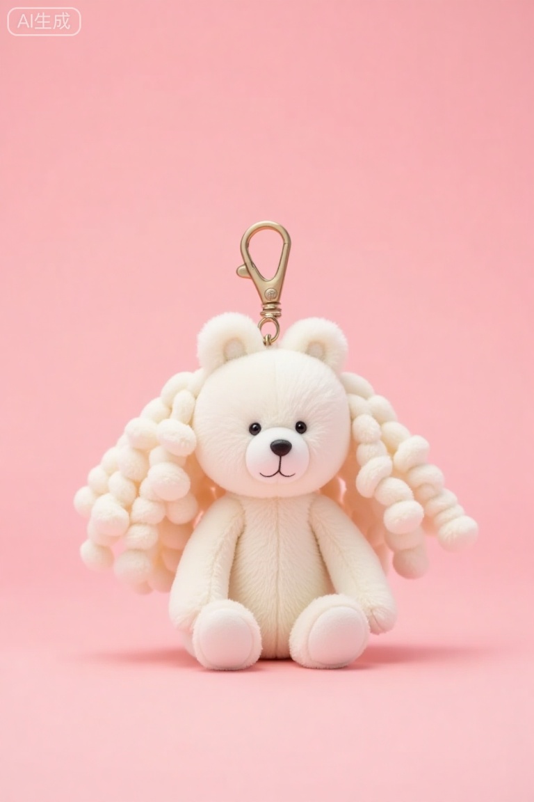 maorong,kabu,kabu,White kabu bear Keychain,orange shots,Plush Toys,Sitting,long hair,curly hair,Dolls,Cute,Plush Toys,Studio Lighting Masterpiece,Exquisite High Resolution,Perfect Lighting,Extreme Details,Best Quality,8K,Plush,Product Photography,Soft Fluffy Texture,pink background,