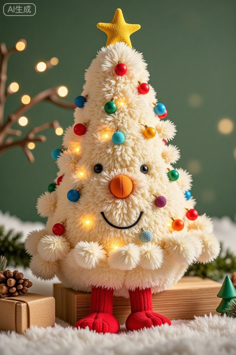 maorong,maorong,Plush Toys,Dolls,Jelly Cat Style,Cute,Plush Toys,Inflatable,Studio Lighting Masterpiece,Exquisite High Resolution,Perfect Lighting,Extreme Details,Best Quality,8K,Plush,Product Photography,Soft Fluffy Texture,A Christmas tree,