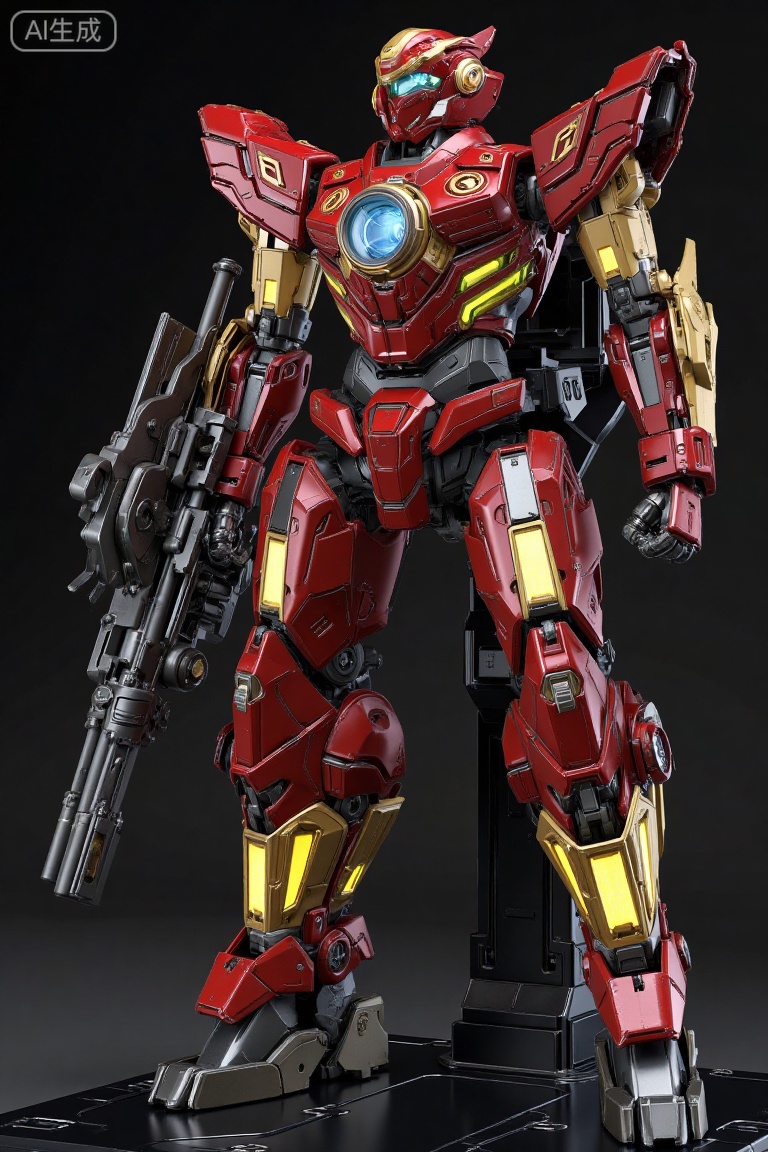 jixie,Mech Edition Nezha,with a metal textured red gold shell,rigid and smooth lines,decorated with Qiankun circles on the shoulders,wrapped in energy mixed with heavenly silk,pedaling mecha wind and fire wheels,holding a transformable pointed gun,and the engine behind it emitting blue light,is in the vast universe,where light and shadow intertwine,