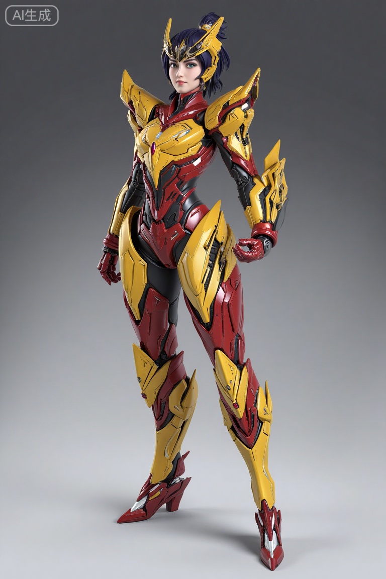 jixie,Supernatural mecha,Golden and red mecha,(full body:1.3),Head V-shaped,simple_background,a woman with an oriental style,combining traditional and modern technological elements,leaning_forward,stylish_pose,fighting_stance,kind_smile,