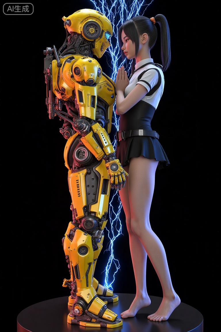 sexy clothing,wx,jixie,(full body:1.7),2girl,A girl wearing a Golden mecha,a girl wearing a military uniform,Two girls facing each other,Place your hand on the other person's waist,exoskeleton,(long legs:1.4),(bare legs:1.4),Transparent clothes,glowing,(Visual impact,giving the poster a dynamic and visually striking appearance:1.2),impactful picture,Slim body,shiny skin,profile,entangled,bangs,beautiful legs,machinery,mechanical arms,mechanical hands,the girl's prayer,praying,own_hands_together,kowtow,The background is flames and blue lightning,black_background,