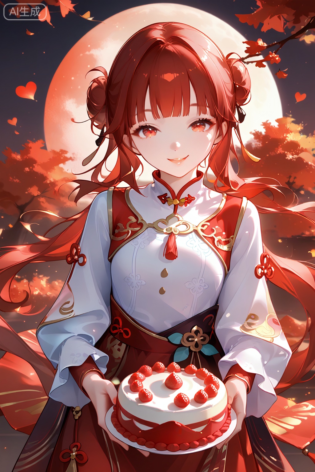 anime style,A lovely Chinese girl,smile,holding a piece of moon cake in the shape of a heart. She is wearing gorgeous Chinese clothes with a full moon in the background,Mid-Autumn Festival style,super realistic style,photography,super clear details,portrait photography,