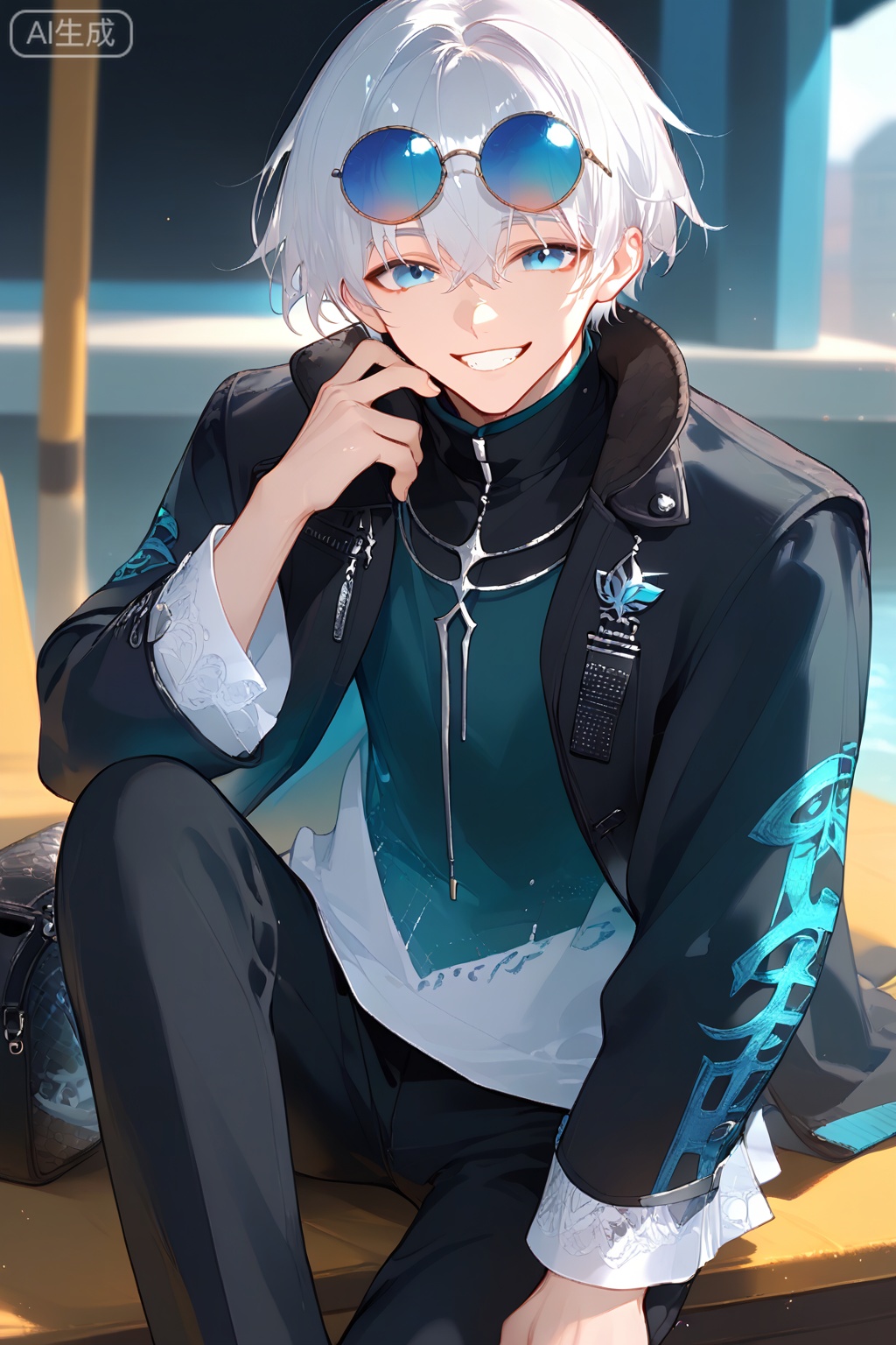 solo,looking at viewer,smile,short hair,bangs,blue eyes,long sleeves,1boy,hair between eyes,sitting,jacket,white hair,male focus,teeth,pants,hand up,grin,black jacket,black pants,sunglasses,high collar,round eyewear,gojou satoru,
