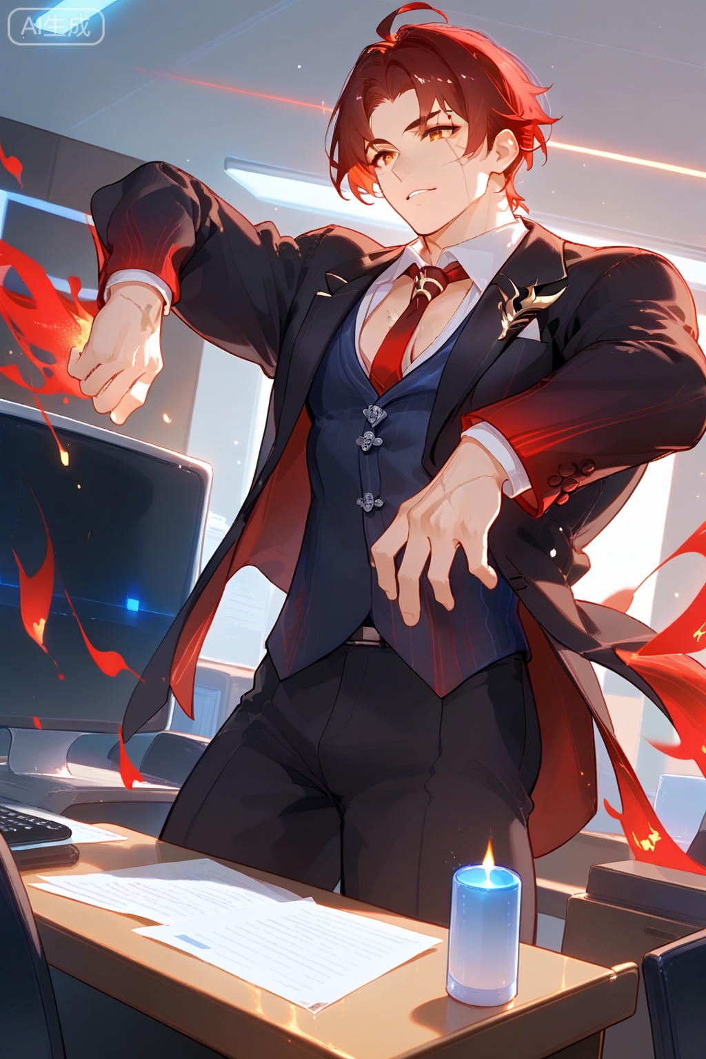 anime style,male character, formal suit, black suit, red energy aura, glowing energy, professional office setting, intense posture, hand on table, sharp lighting, muscular build, chest scar, dynamic pose, business atmosphere, office workers, red glowing effects, white ceiling panels, interpersonal confrontation, modern office furniture, dramatic environment 