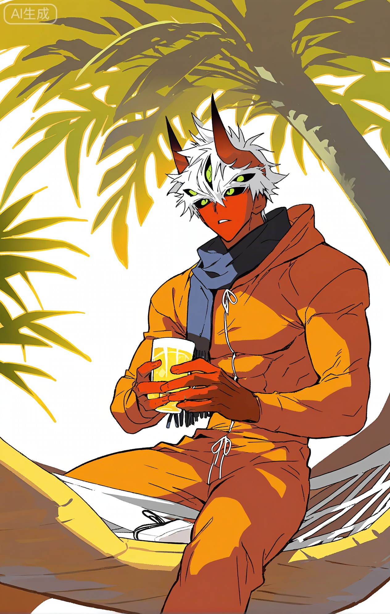 Small note art style,,xiaozhitiao, (artist:mazjojo:0.53),(artist:pigeon666:0.37),(artist:zawar379:0.57),(artist:remsrar:0.35),(artist:yoneyama mai:0.64),(yokoyari mengo:0.6),1boy,male focus,solo,medium - length wavy hair,hooded pajamas,hood down, a light - brown knitted scarf draped over his shoulders, his toned abs visible as he dozes off in a hammock on a wooden patio. The hammock is strung between two posts, and there's a small side table with a half - read book and a glass of lemonade. Potted ferns line the edges of the patio, and the afternoon sun casts a warm, yellow glow.,Rider \(on my way to see my mom\),rider,rider omysmm,white hair,bangs,single braid,red skin,black sclera,green eyes,red horns,extra eyes