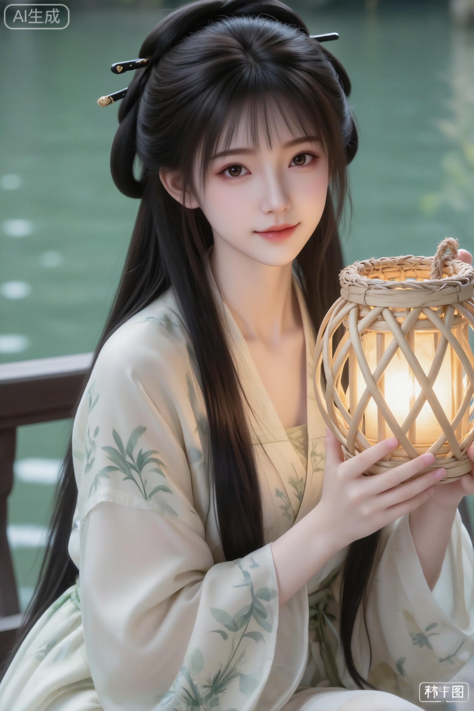 杰作级画质,顶级图像精度,超高清细节渲染,单人女性角色,（棕色亮丽的长发：1.4）,（比例优越的纤细长腿：1.3）,（肌肤白皙光滑的匀称美腿：1.4）,（挺拔饱满的D 罩杯曲线：1.4）,（精致立体的美颜五官：1.4）,美颜全开,光滑油亮的皮肤,水嫩的肌肤,一个女孩,
真实摄影,黑色长发（梳成古典盘发,用黑色发簪固定）,穿着带有植物印花的浅米色汉服,双手轻捧一盏发光的藤编球形灯笼,侧身坐在户外临水区域（背景有模糊的绿色水面与深色栏杆）,整体风格温婉、古典,充满古风夜宴的静谧氛围感,（电影级面光：1.6）,（光线追踪：1.5）,（冷白皮漫感质感的光滑皮肤：1.7）,（人物有最好的骨相：1.2）,（网感脸：1.6）,（网感妆：1.6）身材完美,莫兰迪配色,高颜值网红,INS风,幼态脸,19岁女生尖下巴,三庭五眼比例均衡,身材娇小,细腻陶瓷水嫩肌肤,偏冷白皮,随机的妆容,随机的饰品,随机的动作,侧光,发丝轻飘,凌乱,随机角度拍摄,总体有很多的不确定性,但又好看, 风格甜美少女系,氛围慵懒俏皮,东方美女,黑长直,年轻娇小,发丝呈现出自然的蓬松感与垂坠感,长发散落于肩头两侧,几缕发丝拂面,冷白皮气质美女,纯欲风,皮肤白皙,偶像气质,fairskin,气质的江南美女子,有点甜美,皮肤美白透亮,表情可爱,甜美氛围,细腻笔触,独特韵味的美,可爱表情
