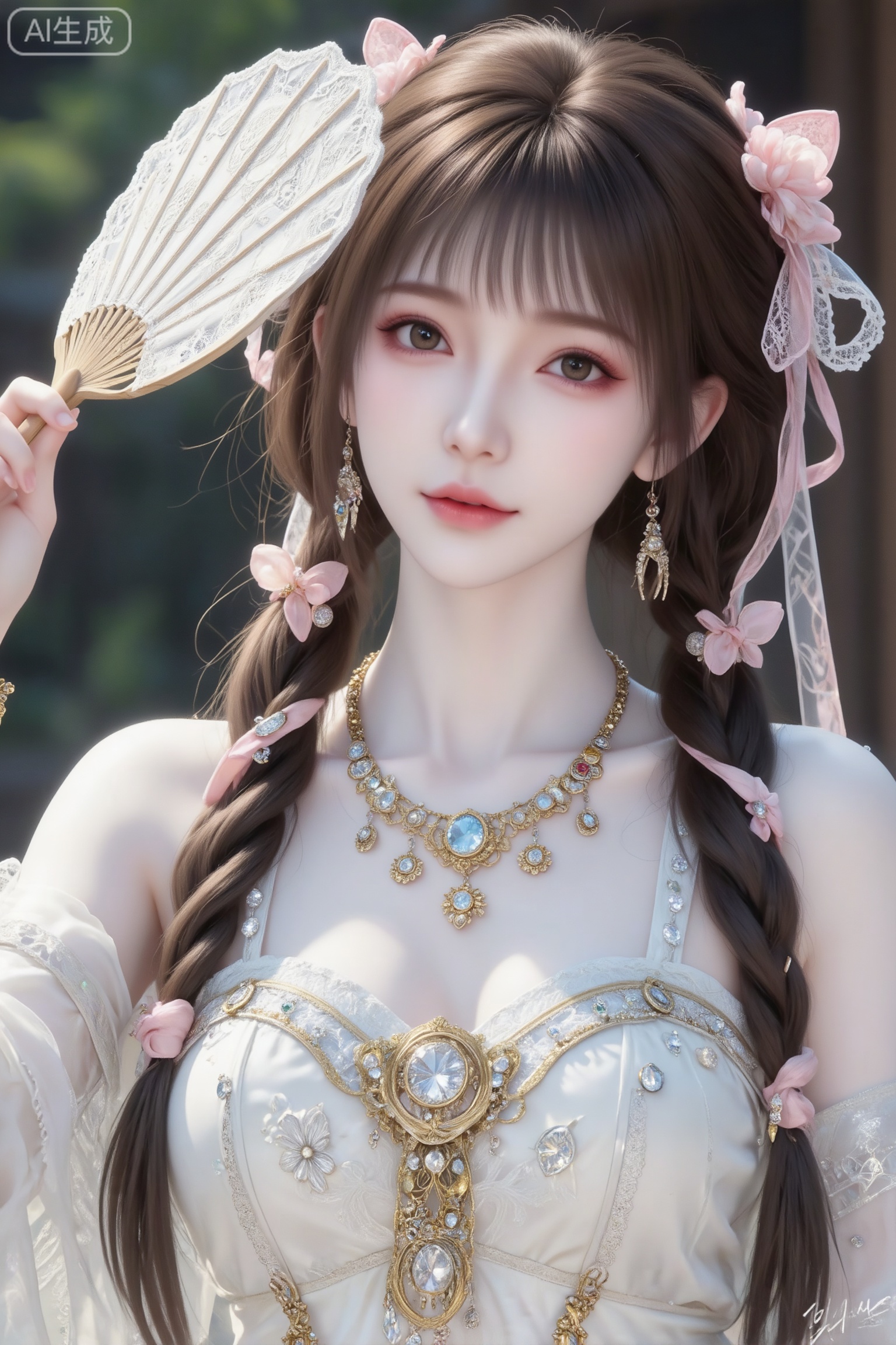 杰作级画质,顶级图像精度,超高清细节渲染,单人女性角色,（棕色亮丽的长发：1.4）,（比例优越的纤细长腿：1.3）,（肌肤白皙光滑的匀称美腿：1.4）,（挺拔饱满的D 罩杯曲线：1.4）,（精致立体的美颜五官：1.4）,美颜全开,光滑油亮的皮肤,水嫩的肌肤,一个女孩,
大家闺秀,真人,美女,皮肤雪白,亭亭玉立,华丽光影,高雅气质,超清画质,长发,两个麻花辫,浅粉色花饰,半身镜头,高细节,仙气,皮肤光泽水润,冷白皮,纱制衣服。楚楚可怜,自然光线。真人,绝美,白色古装,长发,精致水晶装饰全身,甜美系,手上有宫廷蕾丝折扇,身上大量蕾丝,粉色蝴蝶发饰结,绫罗绸缎锦绣纱元素,身上大量金银珠宝💎💍,和金银首饰,薇薇容颜绝美,正面照,超清晰画质,妆造精致,饰品精巧,可爱妆造,温柔大方,五官精致,面部清晰,（电影级面光：1.6）,（光线追踪：1.5）,（冷白皮漫感质感的光滑皮肤：1.7）,（人物有最好的骨相：1.2）,（网感脸：1.6）,身材完美,莫兰迪配色,高颜值网红,INS风,幼态脸,19岁女生尖下巴,三庭五眼比例均衡,身材娇小,细腻陶瓷水嫩肌肤,偏冷白皮,随机的妆容,随机的饰品,随机的动作,侧光,发丝轻飘,凌乱,随机角度拍摄,总体有很多的不确定性,但又好看, 风格甜美少女系,氛围慵懒俏皮,东方美女,年轻娇小,冷白皮气质美女,薇薇纯欲风,皮肤白皙,偶像气质,fairskin,气质的江南美女子,有点甜美,皮肤美白透亮,表情可爱,甜美氛围,细腻笔触,独特韵味的美,可爱表情