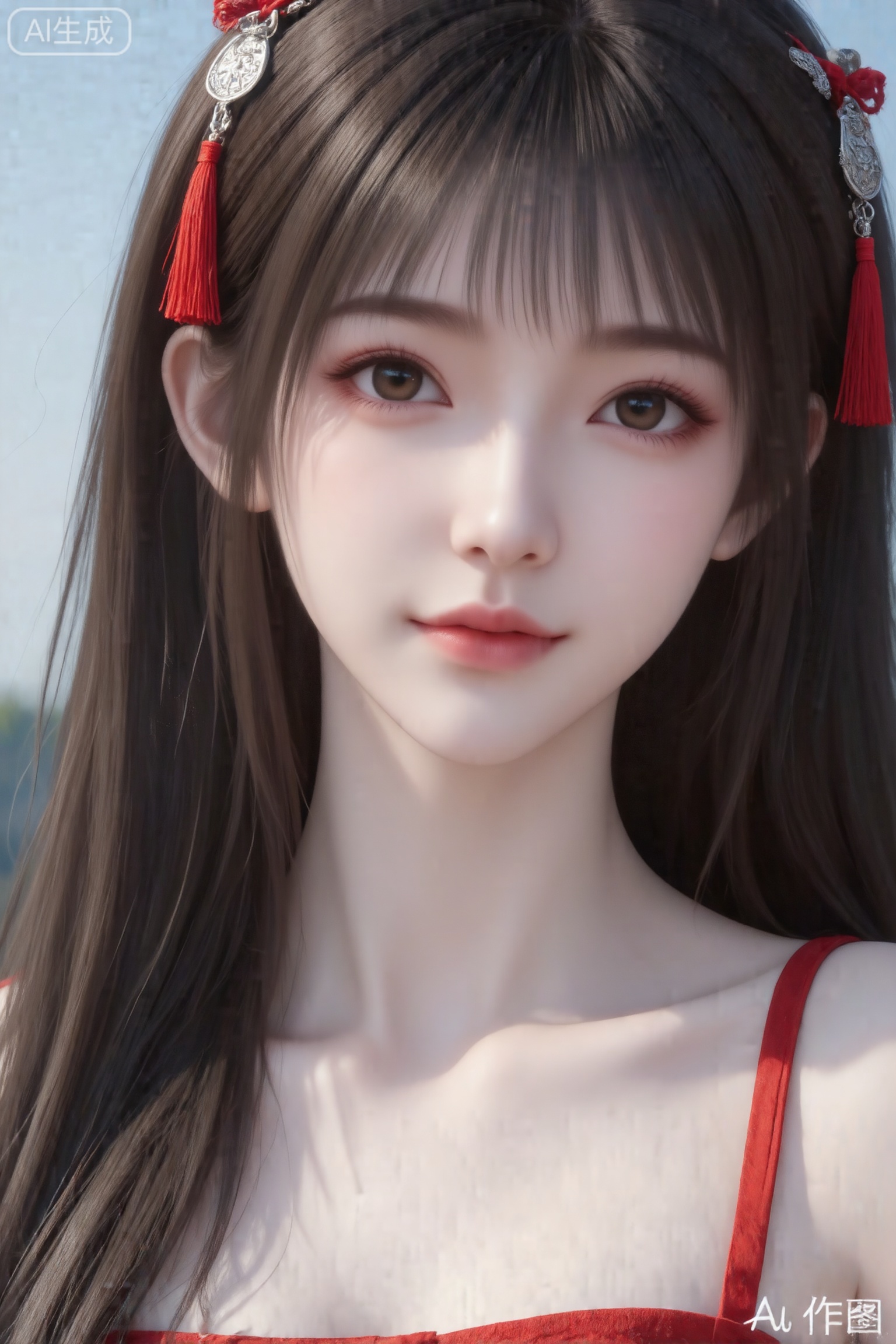 杰作级画质,顶级图像精度,超高清细节渲染,单人女性角色,（棕色亮丽的长发：1.4）,（比例优越的纤细长腿：1.3）,（肌肤白皙光滑的匀称美腿：1.4）,（挺拔饱满的D 罩杯曲线：1.4）,（精致立体的美颜五官：1.4）,美颜全开,光滑油亮的皮肤,水嫩的肌肤,一个女孩,
（电影级面光：1.6）,（光线追踪：1.5）,（冷白皮漫感质感的光滑皮肤：1.7）,（人物有最好的骨相：1.2）,（网感脸：1.6）,（网感妆：1.6）身材完美,莫兰迪配色,高颜值网红,INS风,幼态脸,19岁女生尖下巴,三庭五眼比例均衡,身材娇小,细腻陶瓷水嫩肌肤,偏冷白皮,随机的妆容,随机的饰品,随机的动作,侧光,发丝轻飘,凌乱,随机角度拍摄,总体有很多的不确定性,但又好看, 风格甜美少女系,氛围慵懒俏皮,东方美女,黑长直,年轻娇小,发丝呈现出自然的蓬松感与垂坠感,长发散落于肩头两侧,几缕发丝拂面,冷白皮气质美女,薇薇纯欲风,皮肤白皙,偶像气质,fairskin,气质的江南美女子,有点甜美,皮肤美白透亮,表情可爱,甜美氛围,细腻笔触,独特韵味的美,可爱表情,正面照,人物上半身特写,流苏头饰,银饰金属质感,红色发饰,倾国倾城,精致细节,高清。面容清秀,红色系服饰,人物上半身特写镜头,远景,全景,写实风格,写真,远景,户外背景,俏皮可爱,高清画质,细节清楚,气质非凡。大师构图