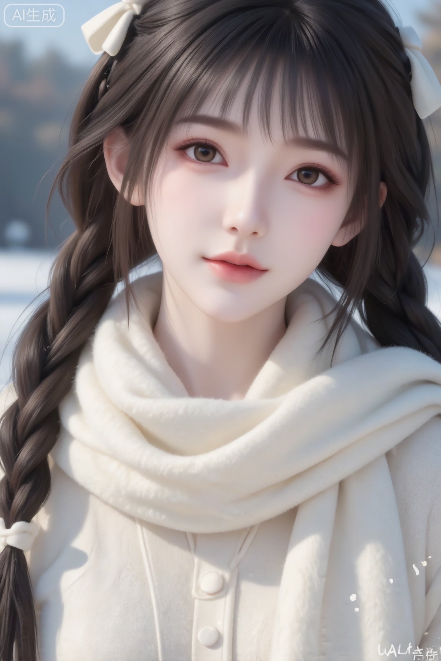 杰作级画质,顶级图像精度,超高清细节渲染,单人女性角色,（棕色亮丽的长发：1.4）,（比例优越的纤细长腿：1.3）,（肌肤白皙光滑的匀称美腿：1.4）,（挺拔饱满的D 罩杯曲线：1.4）,（精致立体的美颜五官：1.4）,美颜全开,光滑油亮的皮肤,水嫩的肌肤,一个女孩,
环境为晴天,柔和的光线笼罩,室外,一位黑色长发及腰、多辫子元素,蝴蝶结,模样可爱的冷白皮女生,身着冬季乳白色搭配合理穿搭,围巾,其软糯的质感和清晰的层次十分突出。（电影级面光：1.6）,（光线追踪：1.5）,（冷白皮漫感质感的光滑皮肤：1.7）,（人物有最好的骨相：1.2）,（网感脸：1.6）,（网感妆：1.6）身材完美,莫兰迪配色,高颜值网红,INS风,,19岁女生尖下巴,三庭五眼比例均衡,身材娇小,细腻陶瓷水嫩肌肤,偏冷白皮,随机的妆容,随机的动作,侧光,发丝轻飘,凌乱,随机角度拍摄,总体有很多的不确定性,但又好看, 风格甜美少女系,氛围慵懒俏皮,东方美女,年轻娇小,几缕发丝拂面,冷白皮气质美女,纯欲风,皮肤白皙,偶像气质,fairskin,气质的江南美女子,有点甜美,皮肤美白透亮,表情可爱,甜美氛围,细腻笔触,独特韵味的美,可爱表情