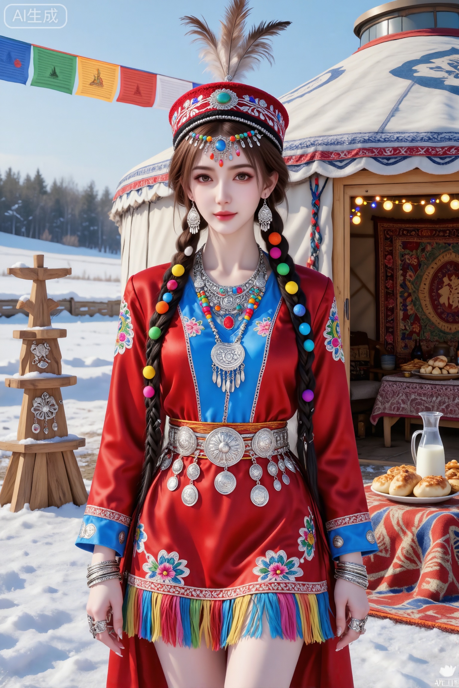 杰作级画质,顶级图像精度,超高清细节渲染,单人女性角色,（棕色亮丽的长发：1.4）,（比例优越的纤细长腿：1.3）,（肌肤白皙光滑的匀称美腿：1.4）,（挺拔饱满的D 罩杯曲线：1.4）,（精致立体的美颜五官：1.4）,美颜全开,光滑油亮的皮肤,水嫩的肌肤,一个女孩,
给人物装扮哈萨克族新年特色服饰穿搭,身着哈萨克族新年特色传统服饰,服饰以鲜艳的红色和蓝色为主色调,采用绸缎或羊毛材质,饰有传统民族刺绣纹样（如吉祥图腾、花卉图案）,搭配宽大的头巾或毡帽,腰间系有镶有银饰的彩色腰带,下摆和袖口有精致的流苏装饰；佩戴哈萨克族新年特色配饰,包括银质头饰（镶嵌彩色宝石或珠串）、长耳环、雕花银项链、多枚银手镯,手部佩戴传统银戒指,帽子上装饰有象征新年祝福的羽毛或金属饰品；哈萨克族新年特色发型,女性梳成精致的编发（如鱼骨辫或盘发,发间点缀彩色珠花或银饰）,男性则留着利落的传统短发或额前编辫,发型与头饰完美搭配；写实新年场景,背景为哈萨克族传统毡房或木屋,屋内装饰有新年挂毯、彩灯和传统节日食品（如包尔萨克、马奶酒器皿）,室外有雪后初霁的草原或冬日暖阳下的庭院,地面铺有毡毯,周围摆放着新年祈福的经幡或装饰性木架；真实摄影,写实细腻,光影自然柔和,细节丰富（服饰纹理、配饰光泽、场景陈设清晰可见）,人物比例真实,整体画面具有浓郁的节日氛围与民族文化质感。