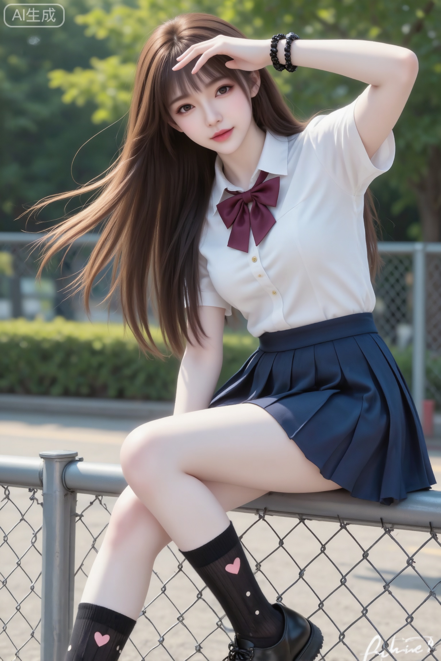 杰作级画质,顶级图像精度,超高清细节渲染,单人女性角色,（棕色亮丽的长发：1.4）,（比例优越的纤细长腿：1.3）,（肌肤白皙光滑的匀称美腿：1.4）,（挺拔饱满的D 罩杯曲线：1.4）,（精致立体的美颜五官：1.4）,美颜全开,光滑油亮的皮肤,水嫩的肌肤,一个女孩,
真实摄影,亚洲美少女,穿着白色短袖衬衫（配酒红色领结）、藏蓝色百褶裙,搭配黑色中筒袜（带小爱心图案）黑色皮鞋,手腕戴黑色手链；倚靠在铁丝网上,一手抬至额前,背景是绿树、铁丝网与户外场景,整体风格日系校园风,充满青春活力与夏日的氛围美感,倾斜构图,薇薇容颜绝美,正面照,超清晰画质,妆造精致,饰品精巧,可爱妆造,温柔大方,五官精致,面部清晰,（电影级面光：1.6）,（光线追踪：1.5）,（冷白皮漫感质感的光滑皮肤：1.7）,（人物有最好的骨相：1.2）,（网感脸：1.6）,身材完美,莫兰迪配色,高颜值网红,INS风,幼态脸,19岁女生尖下巴,三庭五眼比例均衡,身材娇小,细腻陶瓷水嫩肌肤,偏冷白皮,随机的妆容,随机的饰品,随机的动作,侧光,发丝轻飘,凌乱,随机角度拍摄,总体有很多的不确定性,但又好看, 风格甜美少女系,氛围慵懒俏皮,东方美女,紫长直,年轻娇小,发丝呈现出自然的蓬松感与垂坠感,长发散落于肩头两侧,几缕发丝拂面,冷白皮气质美女,薇薇纯欲风,皮肤白皙,偶像气质,fairskin,气质的江南美女子,有点甜美,皮肤美白透亮,表情可爱,甜美氛围,细腻笔触,独特韵味的美,可爱表情,傲人身材,D cup,美颜全开