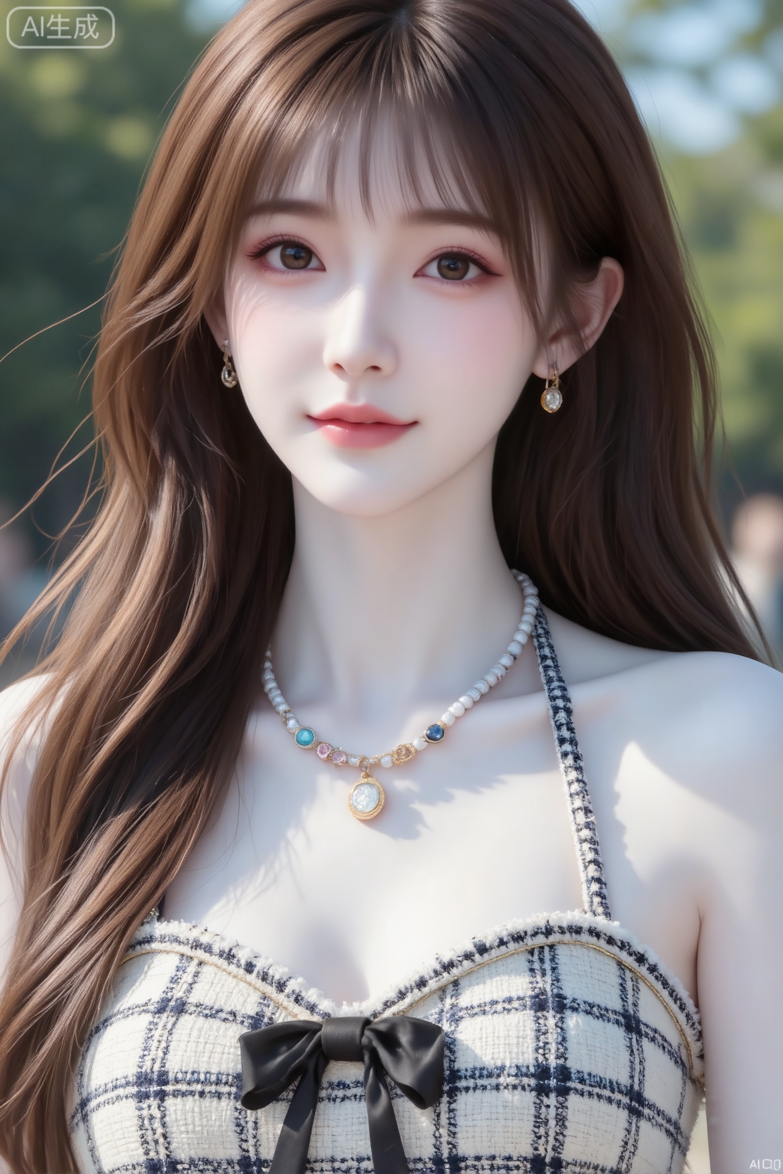 杰作级画质,顶级图像精度,超高清细节渲染,单人女性角色,（棕色亮丽的长发：1.4）,（比例优越的纤细长腿：1.3）,（肌肤白皙光滑的匀称美腿：1.4）,（挺拔饱满的D 罩杯曲线：1.4）,（精致立体的美颜五官：1.4）,美颜全开,光滑油亮的皮肤,水嫩的肌肤,一个女孩,
以写真的视觉风格,用艺术美学的手法呈现画面。一位身着小香风名媛气质女装套装中法式挂脖吊带连衣裙的江南美女子,有着网感脸,颜值极高,骨相达到1.2的优质标准。她有着可爱无辜且眼睑下至的眼睛,深栗棕色的森系发型,发丝垂坠泛光。皮肤是偏冷白皮的瓷感白,细腻水嫩,美白透亮。佩戴着随机的饰品,脸上是可爱的表情,充满甜美氛围。画面聚焦面部,采用中景拍摄,女生正面向镜头。室外大晴天的环境,柔和光线笼罩,光影斑驳,侧光下发丝轻飘凌乱,随机角度拍摄,有着甜美少女系风格,慵懒俏皮的氛围,人物具有fairskin的冷白皮质感。