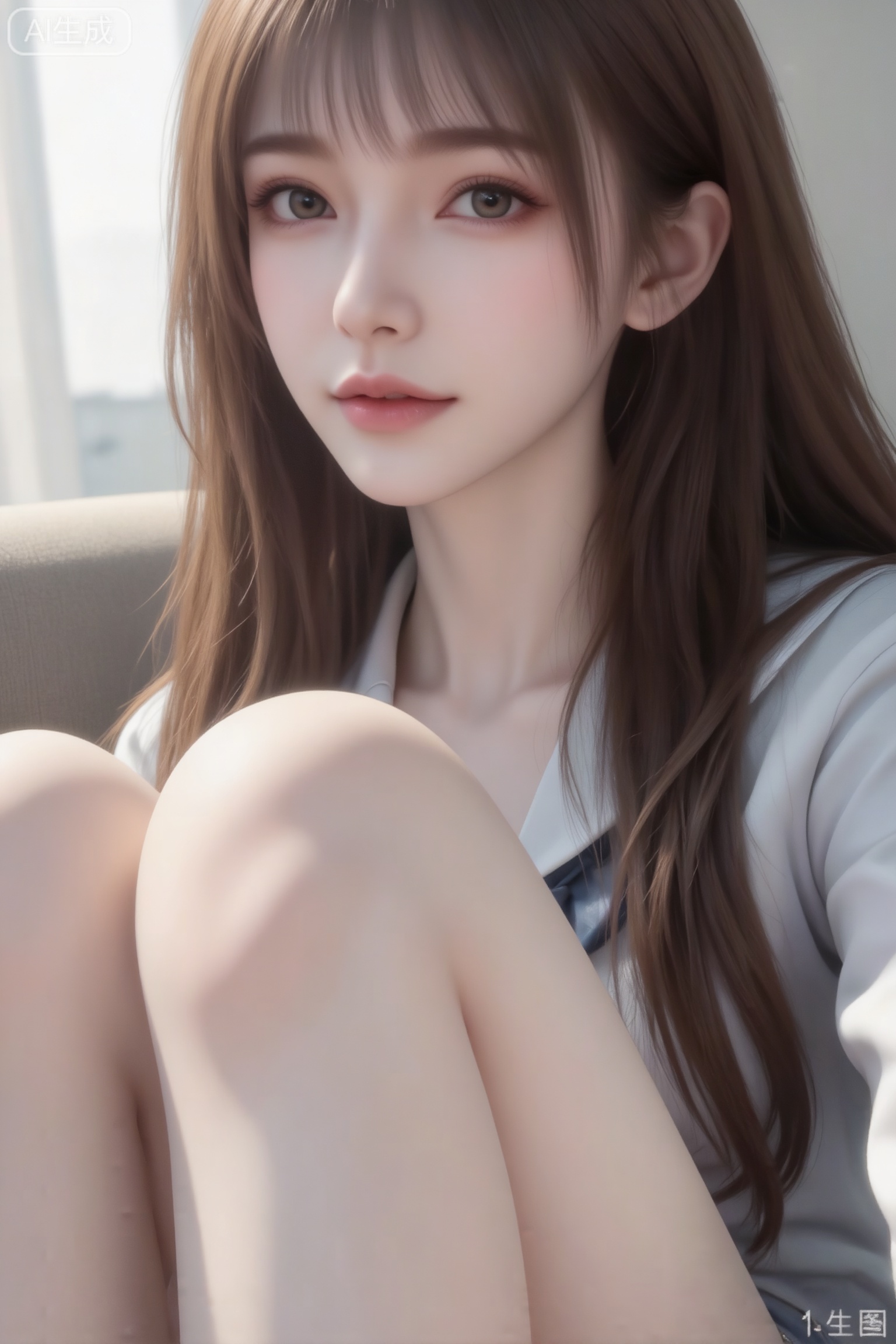 杰作级画质,顶级图像精度,超高清细节渲染,单人女性角色,（棕色亮丽的长发：1.4）,（比例优越的纤细长腿：1.3）,（肌肤白皙光滑的匀称美腿：1.4）,（挺拔饱满的D 罩杯曲线：1.4）,（精致立体的美颜五官：1.4）,美颜全开,光滑油亮的皮肤,水嫩的肌肤,一个女孩,
低光环境,沙发穿衣自拍,一位超级白、超级瘦、超级漂亮的冷白皮女生,棕色长发,些许发丝遮挡眼前,带有一点点甜妹感,化着甜妹妆容,JK基础款显瘦衬衫女收腰修身衬衫,抓拍,独特的拍摄角度,非对称,自然景深,光影美学,轮廓光,前卫艺术,自然色彩,丰富层次感,细腻画质,真实,虚化柔和过渡,情绪氛围感,胶片颗粒,视觉张力,电影质感,获奖作品,背景明亮