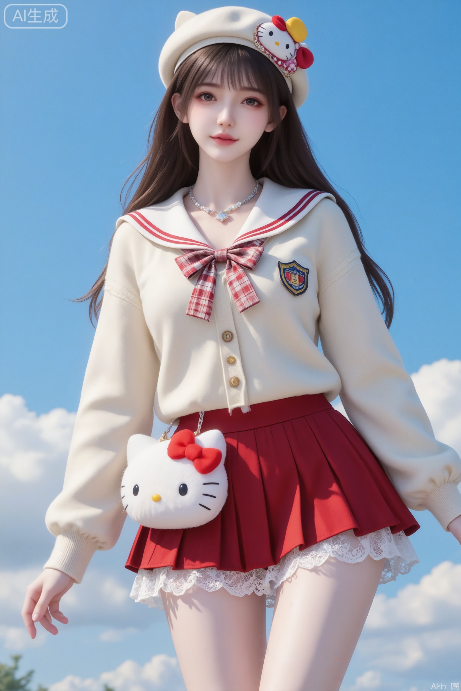 杰作级画质,顶级图像精度,超高清细节渲染,单人女性角色,（棕色亮丽的长发：1.4）,（比例优越的纤细长腿：1.3）,（肌肤白皙光滑的匀称美腿：1.4）,（挺拔饱满的D 罩杯曲线：1.4）,（精致立体的美颜五官：1.4）,美颜全开,光滑油亮的皮肤,水嫩的肌肤,一个女孩,
（电影级面光：1.6）,（光线追踪：1.4）,（冷白皮漫感质感的光滑皮肤：1.4）,（暖光发丝光：1.5）,（人物有最好的骨相：1.2）,（网感脸：1.5）,（网感妆：1.5）,（带有精致项链：1.1）,背景是蓝天、天空湛蓝、云朵洁白,一名长发、可爱的女生,穿着上衣：米白色针织海军领外套,搭配红白格纹领结,海军领保留学院感,针织材质柔软保暖；袖口的泡泡袖设计+ 胸前小徽章,增添甜美元素。 下装：红边百褶短裙+ 白色蕾丝内搭,百褶裙强化学院风格,蕾丝内搭增加层次感与甜妹细节； 配饰：带有卡通装饰的贝雷帽（与鞋履材质呼应）+Hello Kitty 毛绒包,卡通元素密集但风格统一,强化鬼马甜妹的核心气质。 , ,构图尽显生活中的绚丽日常,手与镜头的互动,温柔表情,,大长腿,（极致细节：1.4）,（构图多元,多角度：1.6）,（综合网络爆款逻辑输出最优解：1.6）低对比