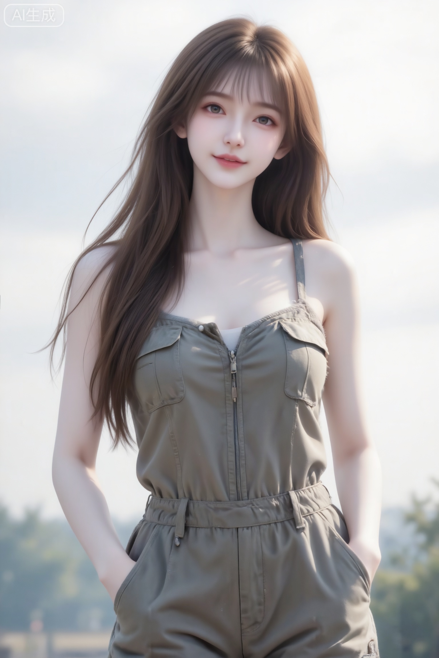 杰作级画质,顶级图像精度,超高清细节渲染,单人女性角色,（棕色亮丽的长发：1.4）,（比例优越的纤细长腿：1.3）,（肌肤白皙光滑的匀称美腿：1.4）,（挺拔饱满的D 罩杯曲线：1.4）,（精致立体的美颜五官：1.4）,美颜全开,光滑油亮的皮肤,水嫩的肌肤,一个女孩,
图片为梦幻朦胧感,环境为阴天,柔和的光线笼罩。室外,一位棕色长发及腰、模样可爱的冷白皮女生,表情可爱,身着冬季随机搭配合理穿搭,其软糯的质感和清晰的层次十分突出。画面因快门速度不足产生运动模糊,构图随意却尽显生活中的绚丽日常。一张非常普通的iPhone拍摄,没有清晰的主体,都是19岁漂亮网红气质的女生,高鼻梁,身材和脸型瘦瘦的,也没有构图感,只是一张随意抓拍的照片。这张照片存在轻微的运动模糊,且因阳光不均问题,还有轻微的过曝现象。阳光透过发丝照在脸上,突出冷白皮通透自然的肌肤状态,整体神态灵动又不失随性。唯美的氛围感。写实摄影风格,非商业修图,保留轻微的噪点,高光不过曝,阴影有细节,表情自然松弛慵懒休闲,眼神很自然不失真(看镜头或不看镜头）,呈现出慵懒松弛悠闲的状态感觉,很贴近生活写实的照片（权威）。氛围感,情绪片,CCD拍摄,大师作品。穿着工装连体衣服,双手插兜,随意自然。非常完美的好身材,露出肩膀,和小蛮腰