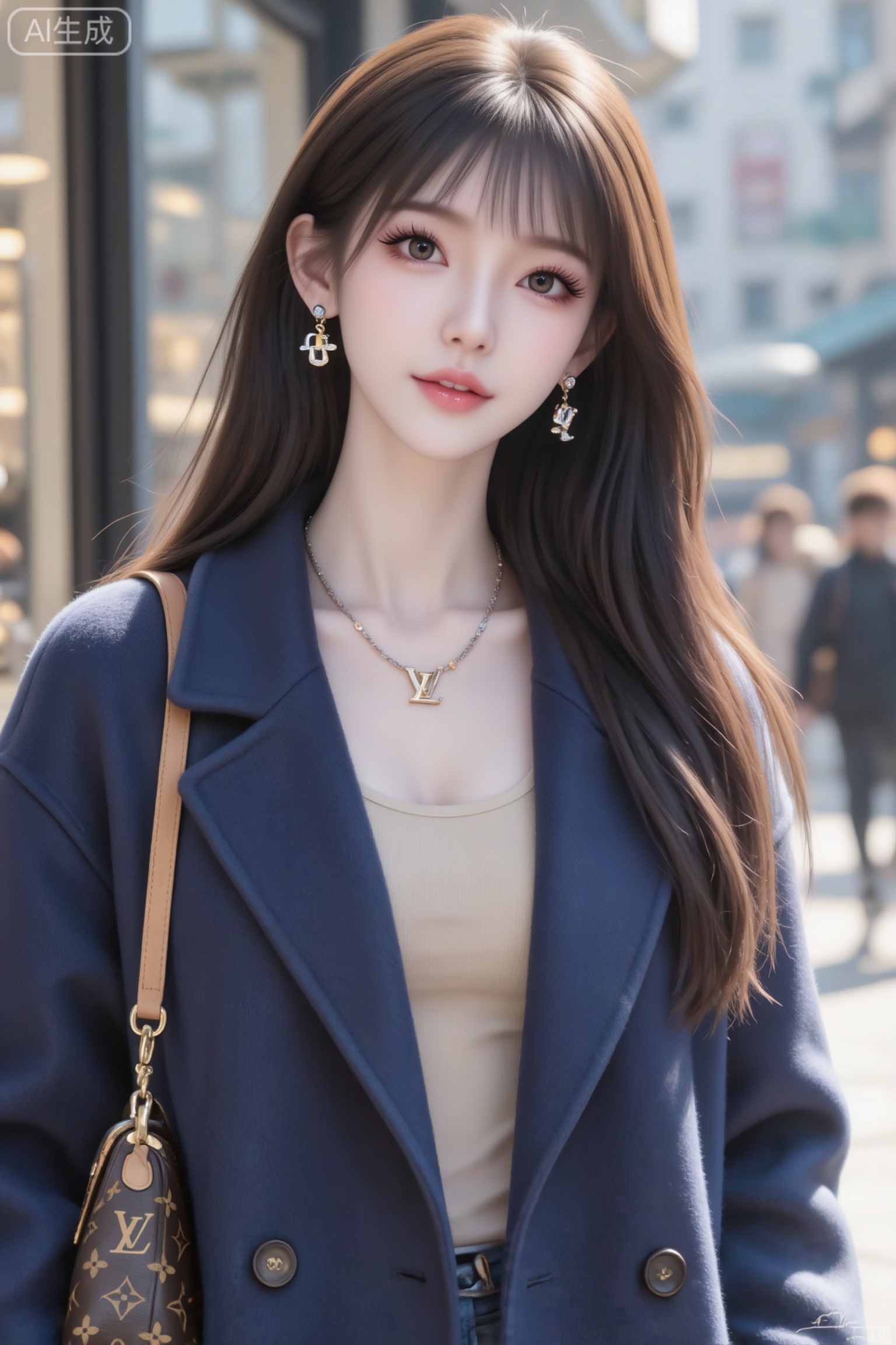 杰作级画质,顶级图像精度,超高清细节渲染,单人女性角色,（棕色亮丽的长发：1.4）,（比例优越的纤细长腿：1.3）,（肌肤白皙光滑的匀称美腿：1.4）,（挺拔饱满的D 罩杯曲线：1.4）,（精致立体的美颜五官：1.4）,美颜全开,光滑油亮的皮肤,水嫩的肌肤,一个女孩,
图片风格为曦梦,添加梦幻朦胧感,环境为晴天,柔和的光线笼罩,香港街头,一位深棕色长发、模样可爱的冷白皮女子, 身着藏蓝色羊毛大衣（敞开未扣）,大衣为翻领设计、修身版型,内搭米色U领紧身打底衫；佩戴LV耳环和项链,肩上斜挎LV包包。
​身体微微侧转,姿态自然放松,呈现出灵动俏皮的抓拍感。容颜绝美,正面照,超清晰画质,妆造精致,饰品精巧,可爱妆造,温柔大方,五官精致,面部清晰,（电影级面光：1.6）,（光线追踪：1.5）,（冷白皮漫感质感的光滑皮肤：1.7）,（人物有最好的骨相：1.2）,（网感脸：1.6）,身材完美,莫兰迪配色,高颜值网红,INS风,幼态脸,18岁女生尖下巴,三庭五眼比例均衡,身材娇小,细腻陶瓷水嫩肌肤,偏冷白皮,随机的动作,侧光,随机角度拍摄,总体有很多的不确定性,但又好看,
风格甜美少女系,氛围慵懒俏皮,东方美女,黑长直,年轻娇小,发丝呈现出自然的蓬松感与垂坠感,长发散落于肩头两侧,冷白皮气质美女,薇薇纯欲风,皮肤白皙,偶像气质,fairskin,气质的江南美女子,有点甜美,皮肤美白透亮,表情可爱,甜美氛围,细腻笔触,独特韵味的美画面构图随意却尽显生活中的绚丽日常,唯美的氛围感,表情自然松弛慵懒休闲,眼神很自然不失真(看镜头或不看镜头）,呈现出慵懒松弛悠闲的状态感觉,很贴近生活写实的照片。氛围感,情绪片,纯欲风,大师作品。港风气质女神,发丝光,水光唇,皮肤白皙水嫩,长睫毛,美女在商店橱窗旁,橱窗映出美女身影,轻松惬意,远处是虚化的繁华街景。