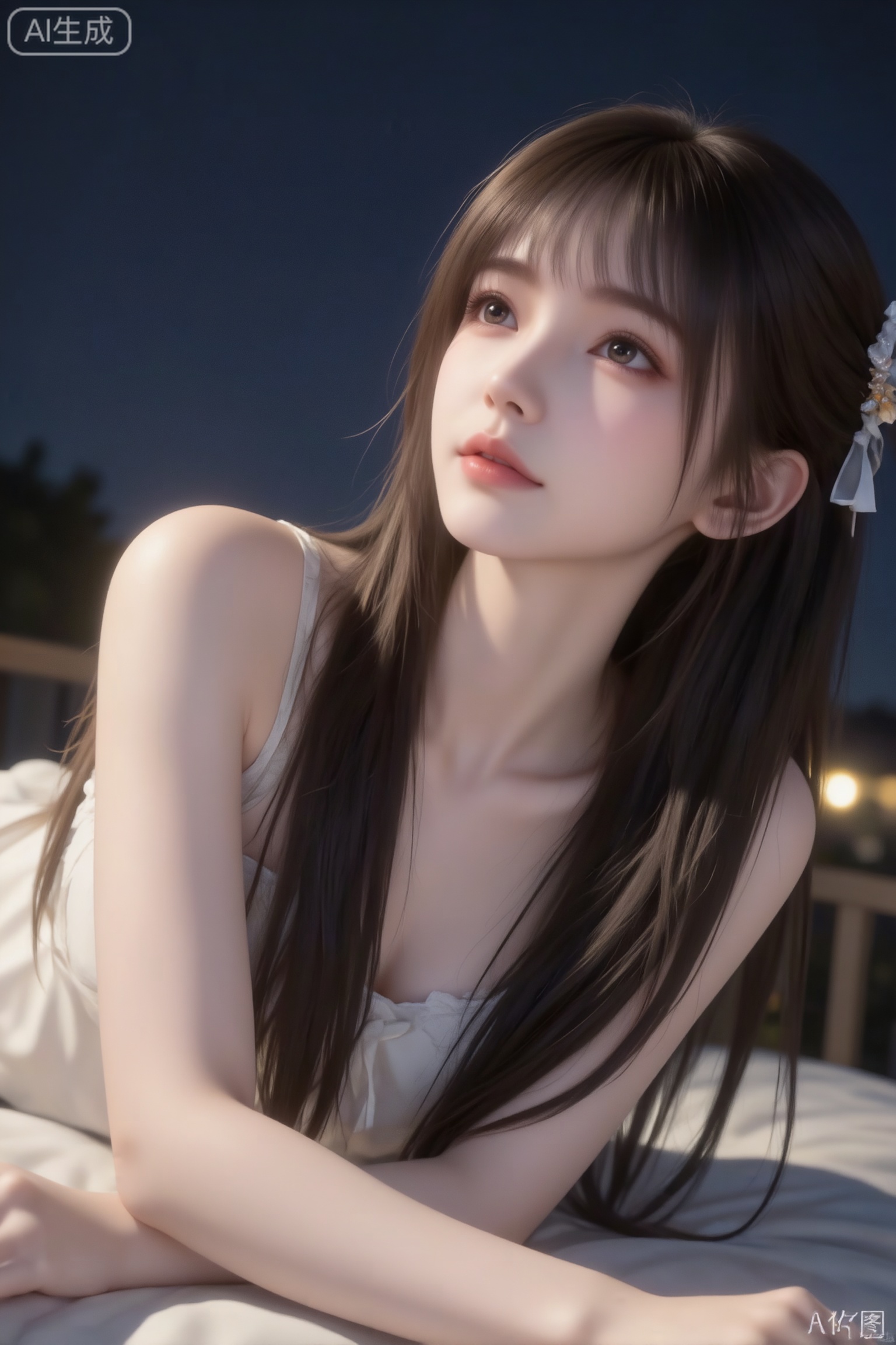 杰作级画质,顶级图像精度,超高清细节渲染,单人女性角色,（棕色亮丽的长发：1.4）,（比例优越的纤细长腿：1.3）,（肌肤白皙光滑的匀称美腿：1.4）,（挺拔饱满的D 罩杯曲线：1.4）,（精致立体的美颜五官：1.4）,美颜全开,光滑油亮的皮肤,水嫩的肌肤,一个女孩,
18岁的女学生,俏皮可爱的动作,慵懒。 背景为夜晚没开灯卧室,趴在窗台上。逆光拍摄,柔和的光影勾勒人物轮廓,低角度仰拍构图,营造静谧松弛感。 日常快照风格,自然柔和光线。可爱的表情,鬓角发丝凌乱自然垂落,随机动态视角,摆pose。 人像摄影,日常快照风格,非精心构图或打光,美女,精致发饰,精致萝莉风格穿搭,瘦微距镜头,超细节,冷白匀净清透细腻的皮肤,完美身材,半身镜头,黑长直深色长发系带束缚,年轻娇小,发丝呈现出自然的蓬松感与垂坠感,长发散落于肩头两侧,几缕发丝拂面,冷白皮气质美女,纯欲风,皮肤白皙,偶像气质,fairskin,光滑,水润质感,陶醉