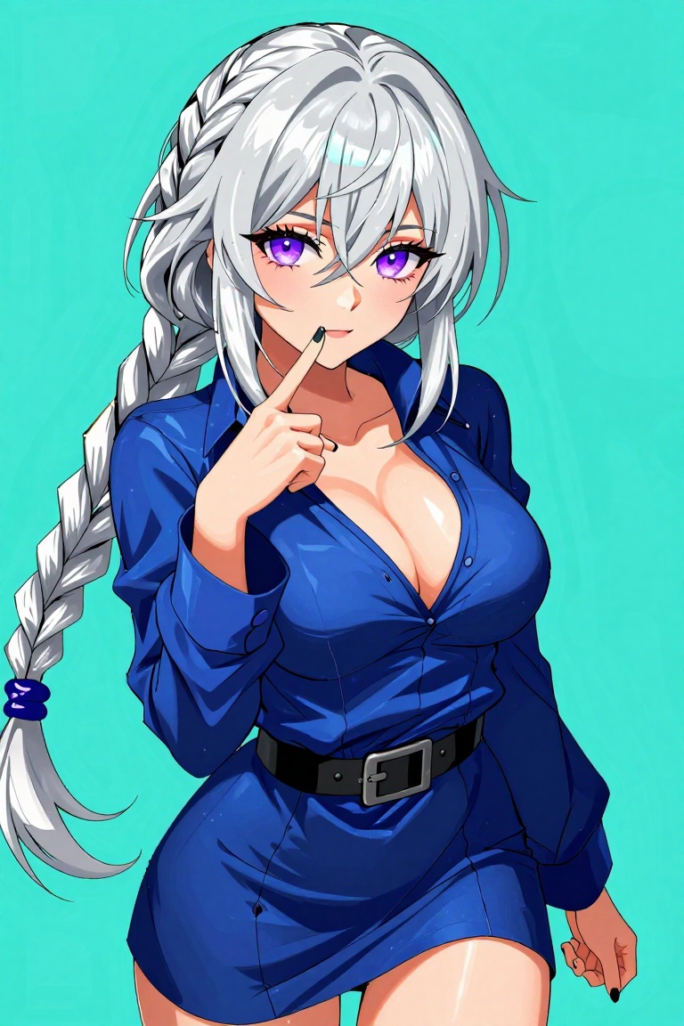 beautiful anime woman with long silver-white braided hair,  large captivating purple eyes,  thoughtful seductive expressio...