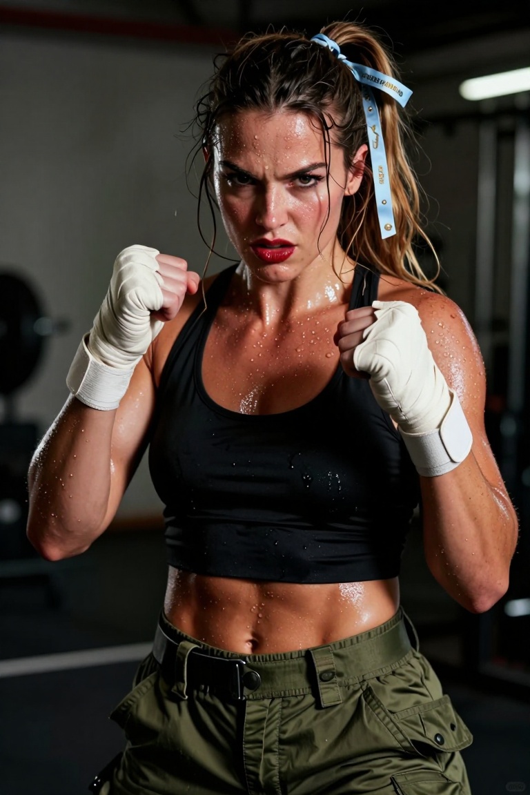 photorealistic intense portrait of an athletic curvy woman in her 20s,  sweaty glistening skin with realistic sweat drople...